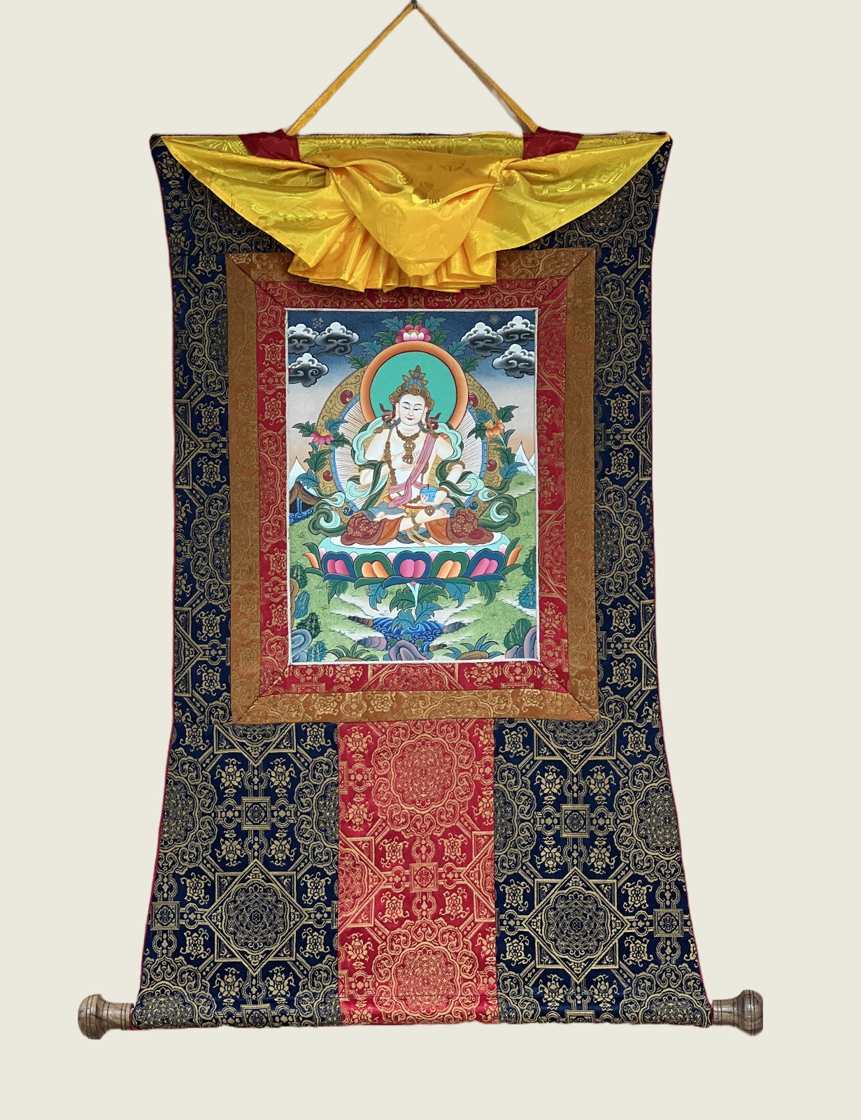 Original Hand-painted Vajrasattva/ Dorje Sempa/ Dhyani Buddha Master Quality Tibetan Thangka Painting Meditation Art with Premium Silk Frame