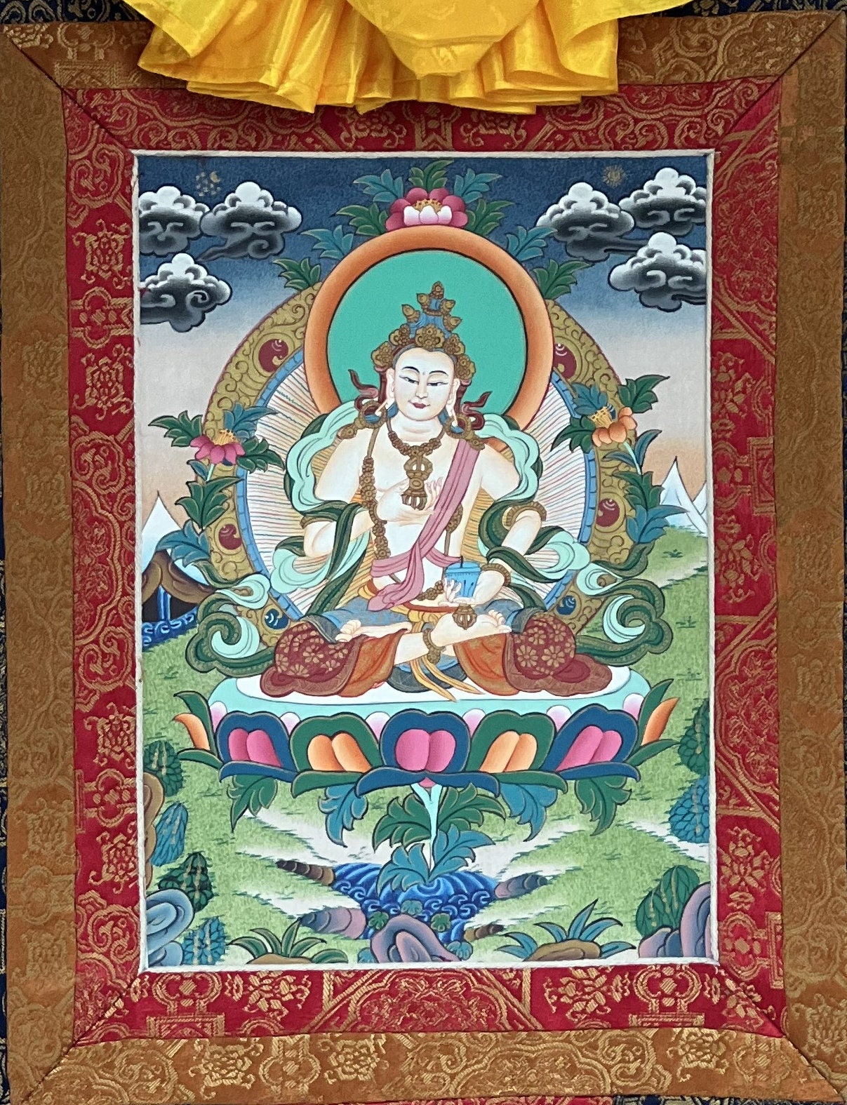 Original Hand-painted Vajrasattva/ Dorje Sempa/ Dhyani Buddha Master Quality Tibetan Thangka Painting Meditation Art with Premium Silk Frame