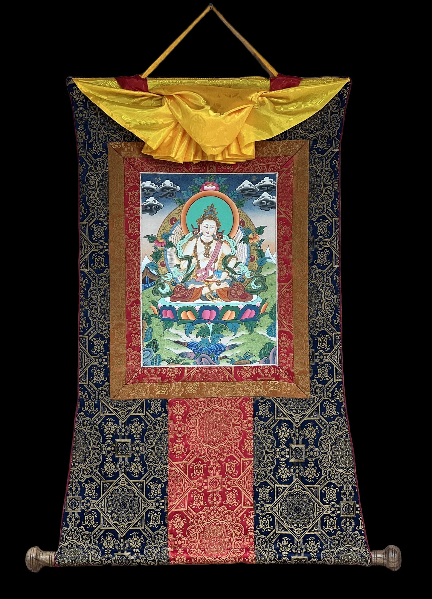 Original Hand-painted Vajrasattva/ Dorje Sempa/ Dhyani Buddha Master Quality Tibetan Thangka Painting Meditation Art with Premium Silk Frame