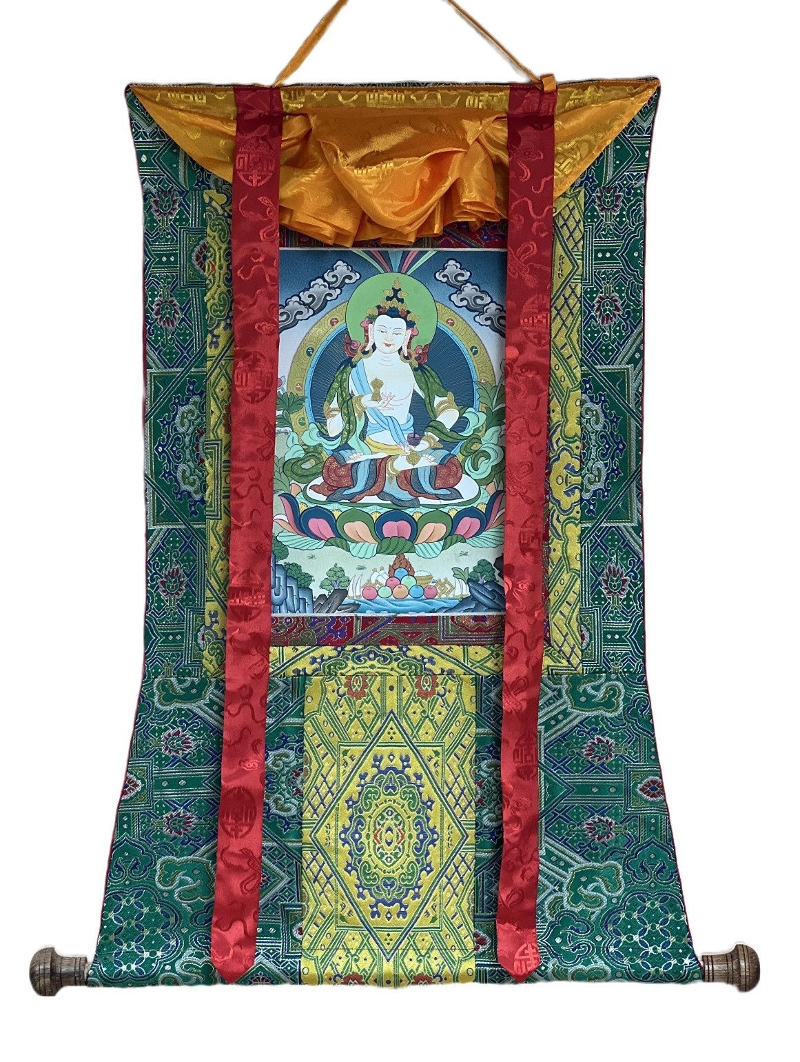 Original Hand-painted Vajrasattva/ Dorje Sempa/ Dhyani (Meditating) Buddha Master Quality Tibetan Thangka Painting with Premium Silk Brocade