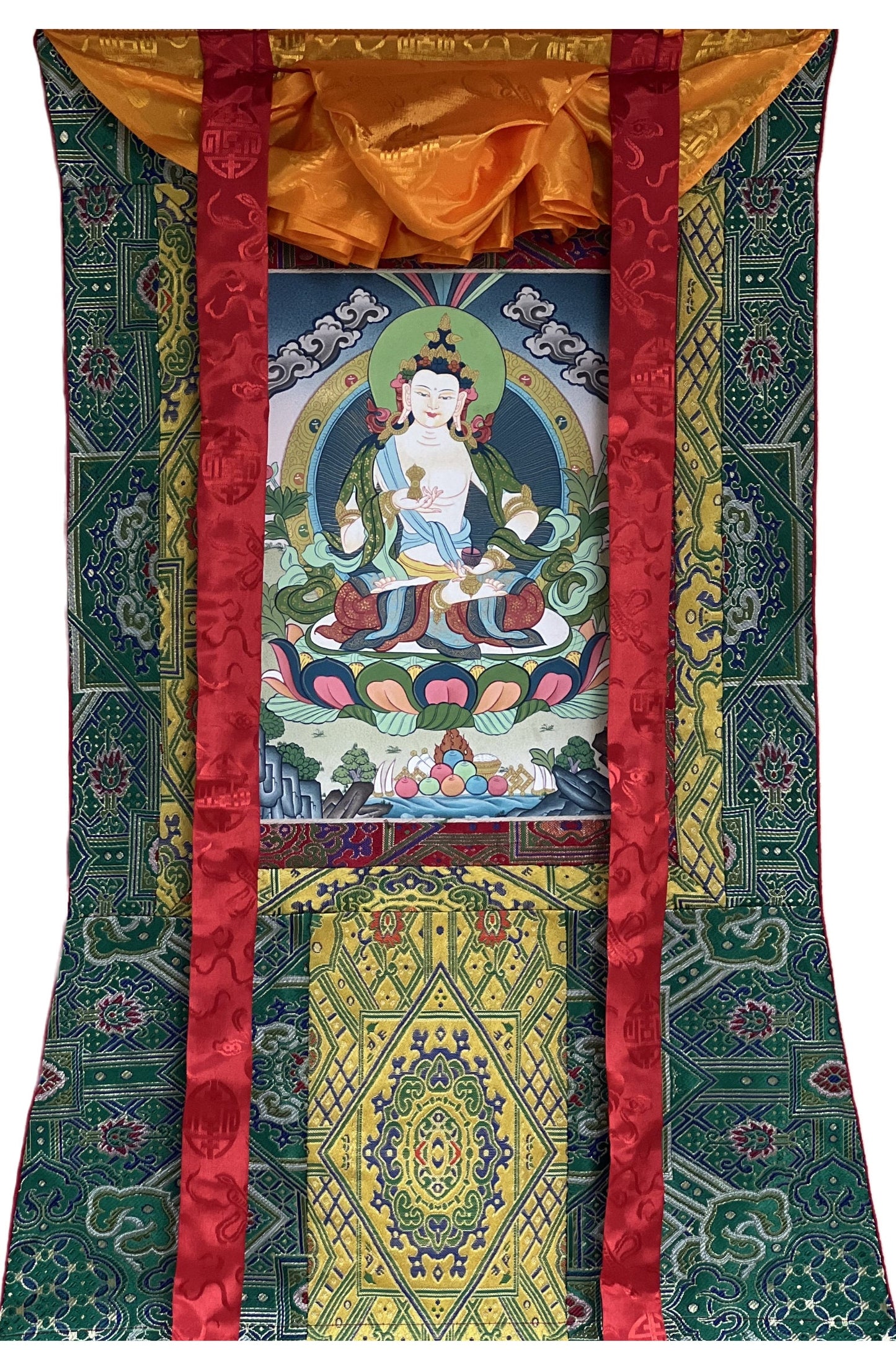 Original Hand-painted Vajrasattva/ Dorje Sempa/ Dhyani (Meditating) Buddha Master Quality Tibetan Thangka Painting with Premium Silk Brocade