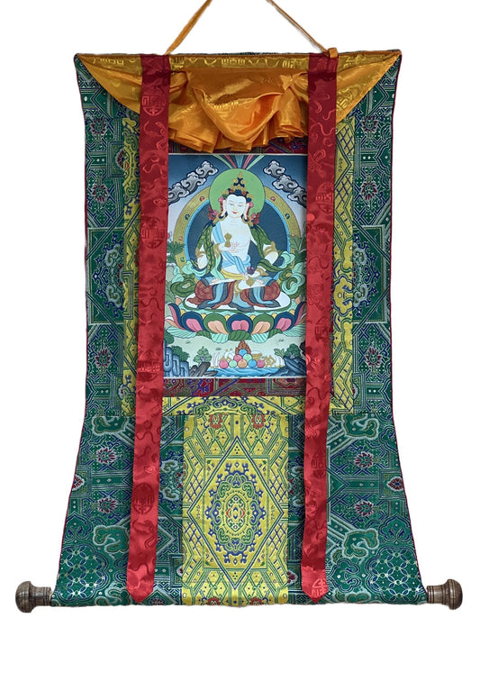 Original Hand-painted Vajrasattva/ Dorje Sempa/ Dhyani (Meditating) Buddha Master Quality Tibetan Thangka Painting with Premium Silk Brocade