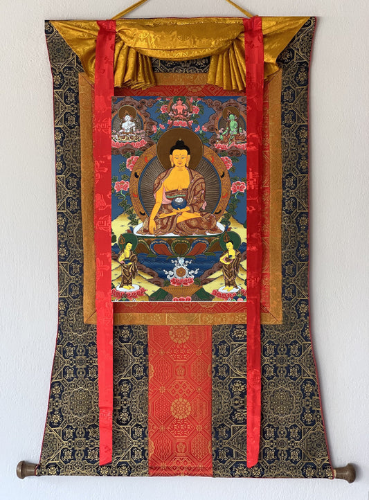 Hand-painted, Shakyamuni/ Gautama Buddha Masterpiece Tibetan Thangka Painting with Premium Silk Brocade