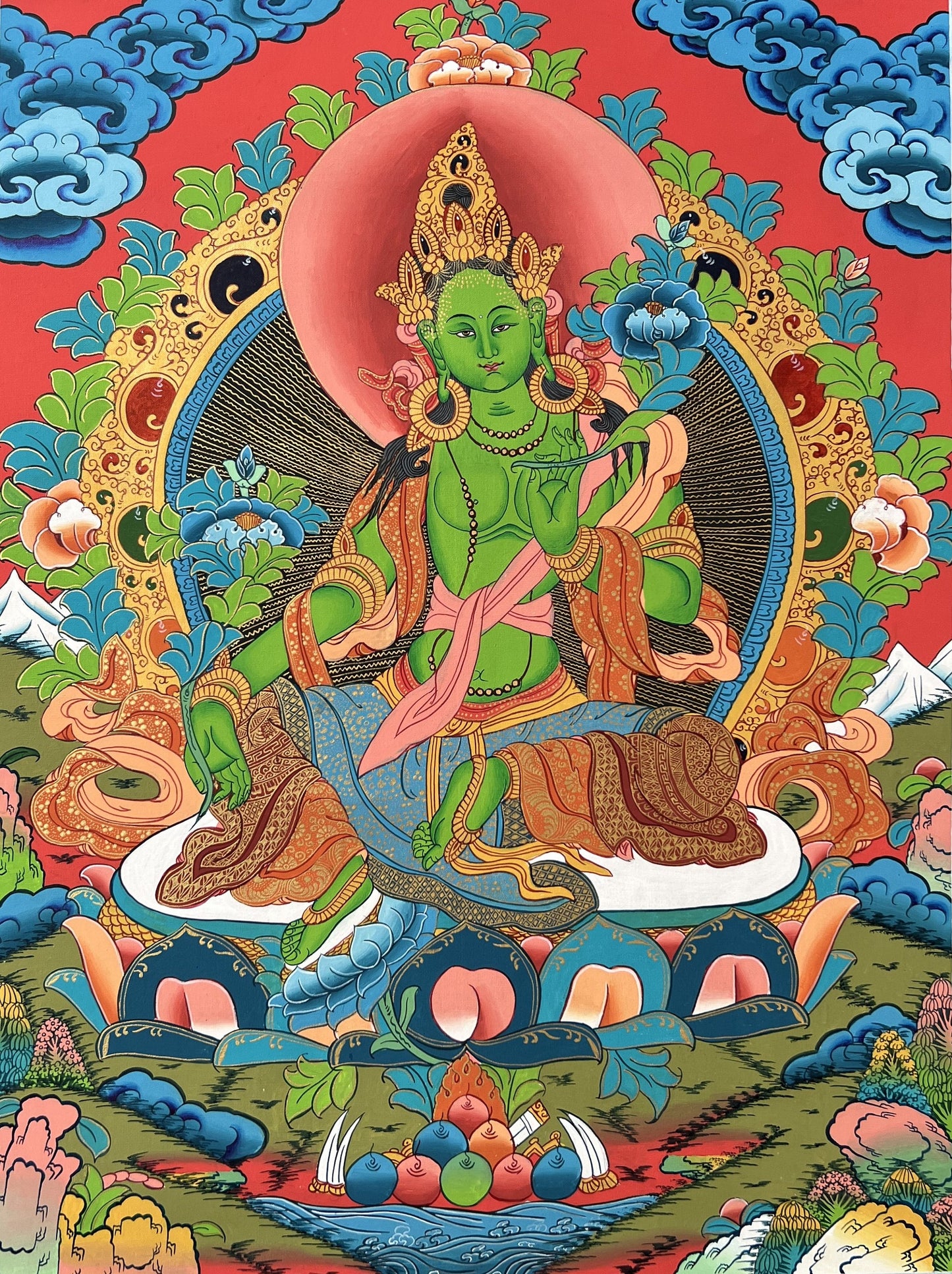 Hand-painted Original Master-Quality Green Tara Goddess Tara Tibetan Compassion Meditation Thanka / Thangka  Painting