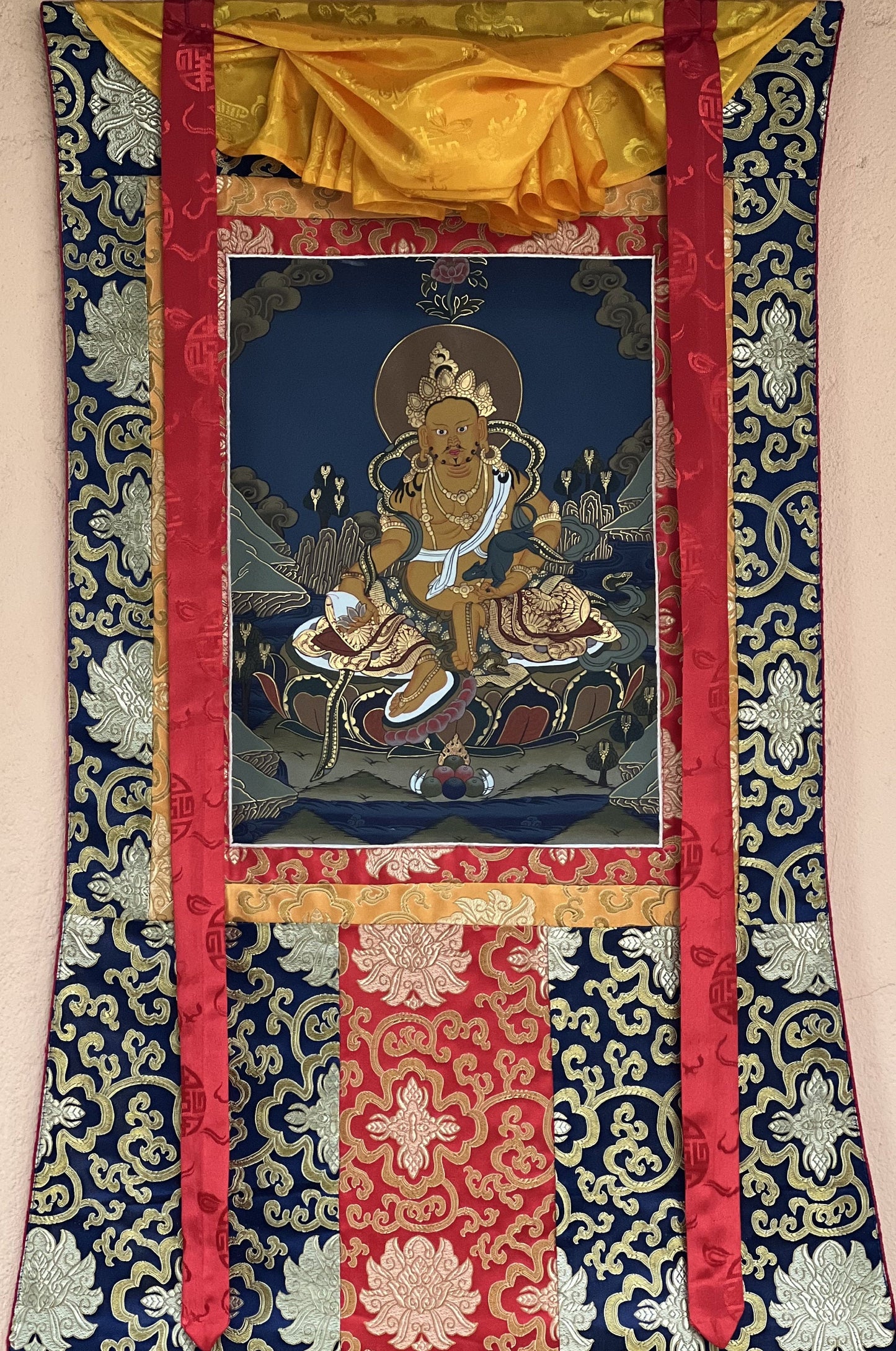 Original Hand Painted Jambala/Jambhala/Kubera  God Of Wealth Tibetan Compassion / Meditation Thangka / Thanka  Painting with Silk Brocade