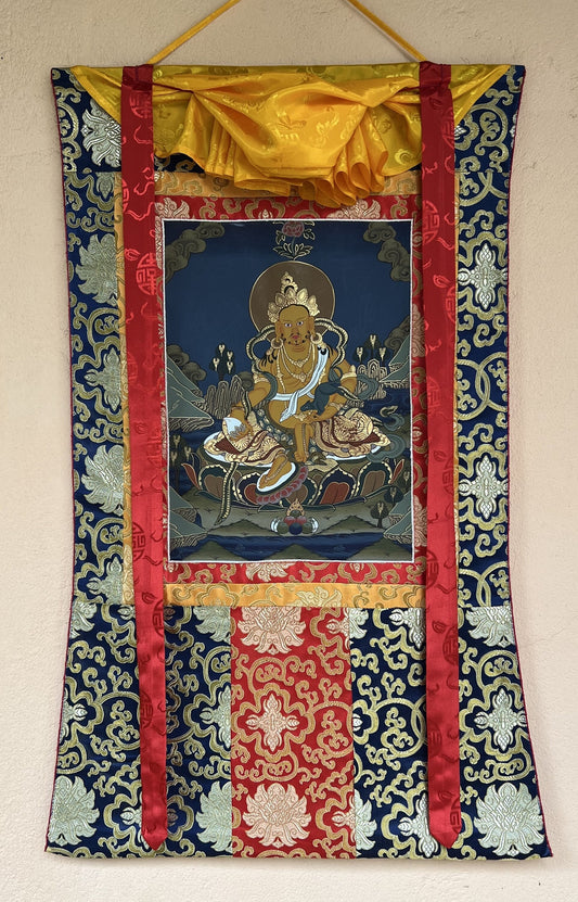 Original Hand Painted Jambala/Jambhala/Kubera  God Of Wealth Tibetan Compassion / Meditation Thangka / Thanka  Painting with Silk Brocade