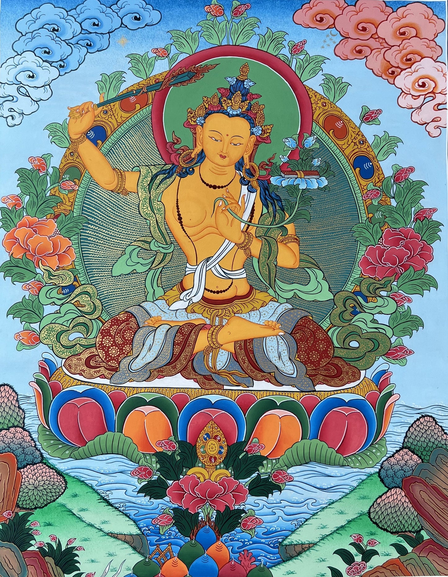 Original Hand Painted Manjushri / JAMPELYANG / God Of Wisodm  Compassion / Meditation Wall hanging Thangka / Thanka Painting From Nepal