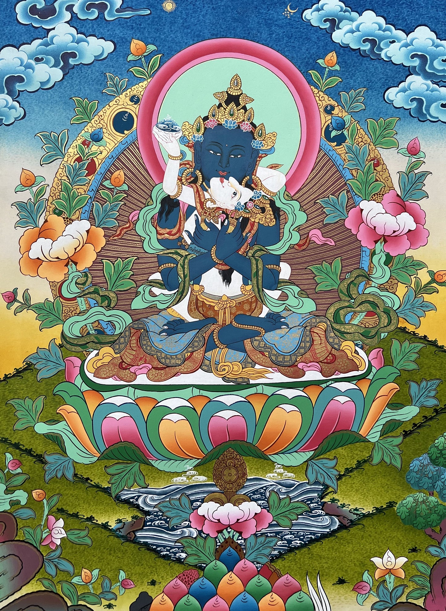 Hand-painted Prime Buddha Vajradhara Union (YabYum) with Shakti Prajnaparamita Original Tibetan Thangka Painting/ Meditation/Tantra Art