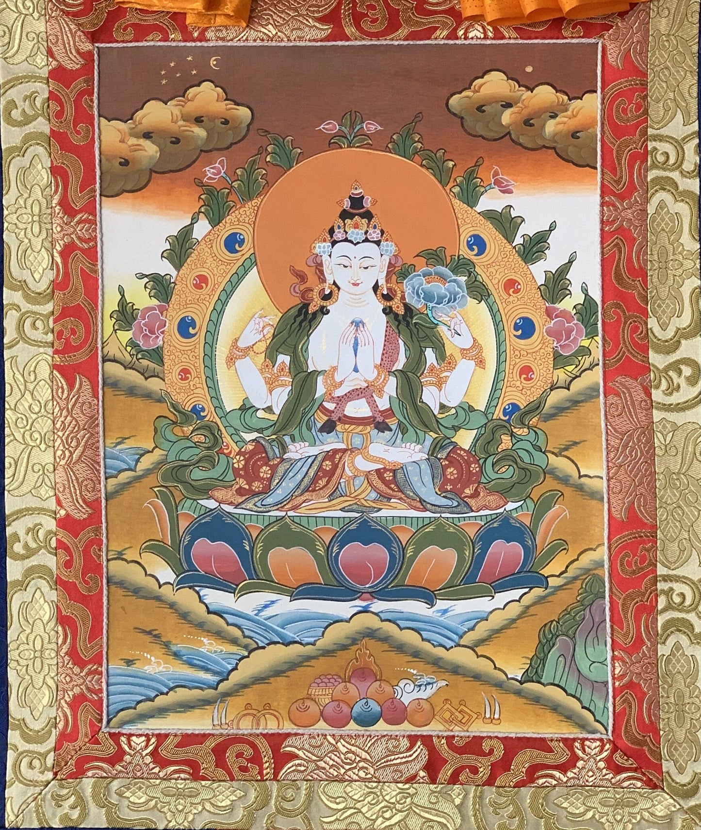 Original Hand-painted  Master Quality Chyangresi/ Chenrezig/Avalokiteshavara Thangka Painting, Meditation Art With Silk Brocade