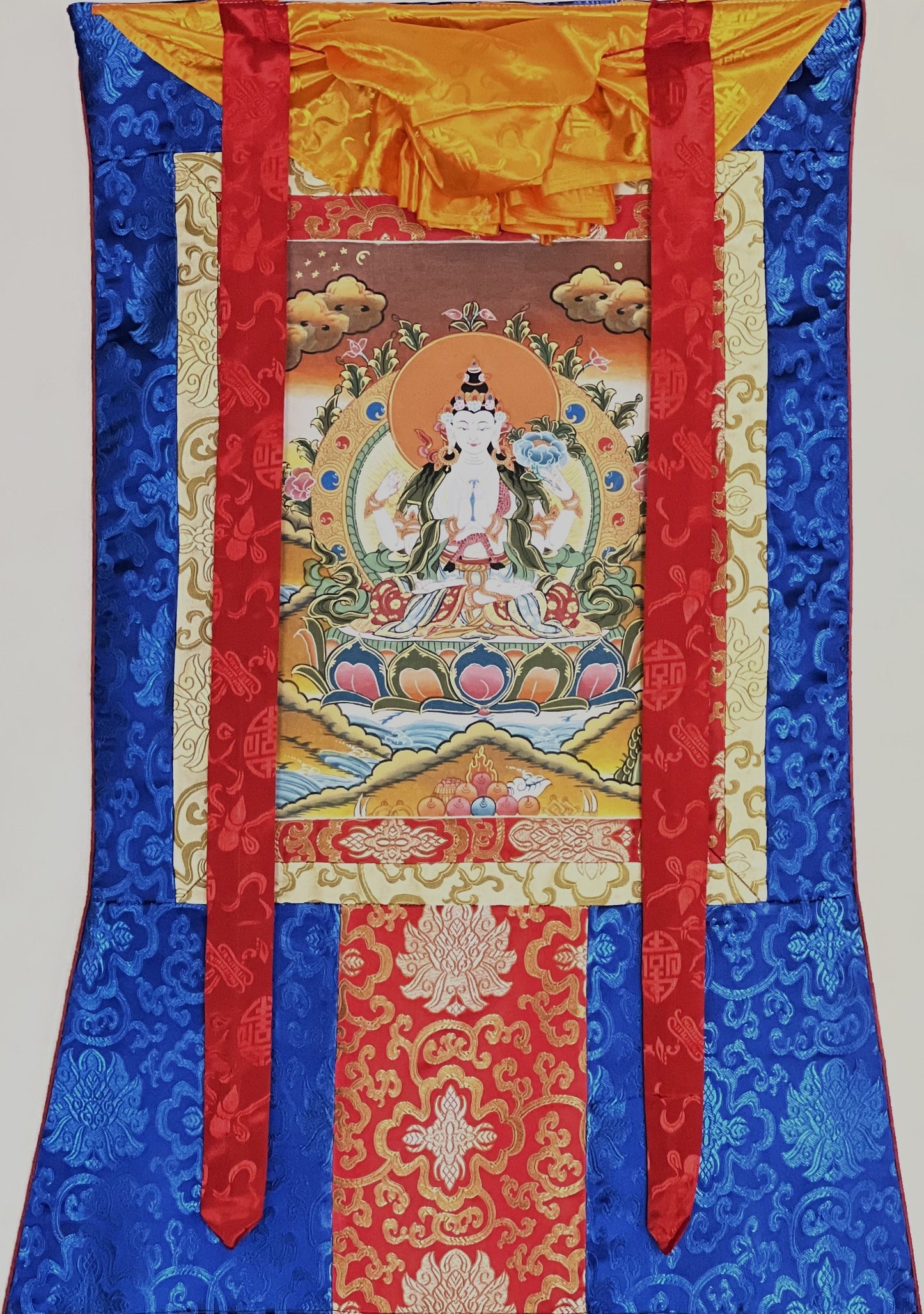 Original Hand-painted  Master Quality Chyangresi/ Chenrezig/Avalokiteshavara Thangka Painting, Meditation Art With Silk Brocade