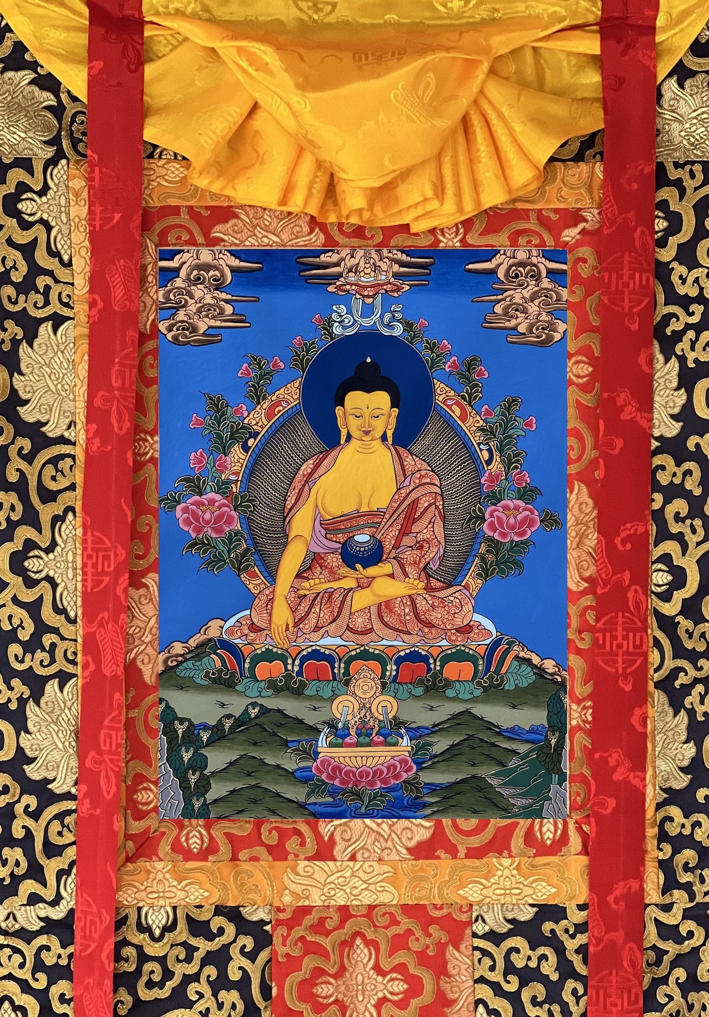 Original Hand-painted  Shakyamuni/ Gautama Buddha/ Tibetan Thangka Painting Bordered/Framed with Silk