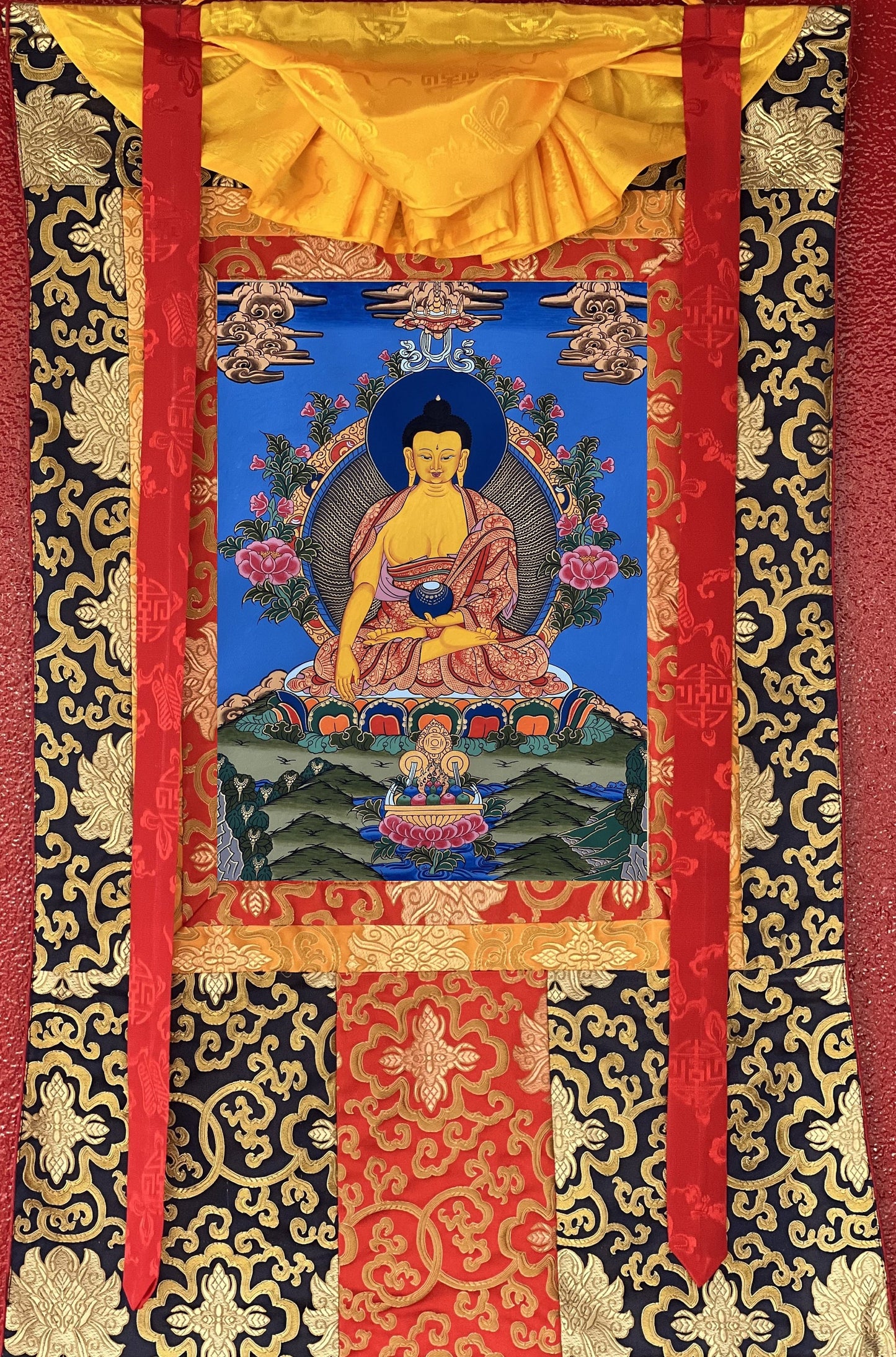 Original Hand-painted  Shakyamuni/ Gautama Buddha/ Tibetan Thangka Painting Bordered/Framed with Silk