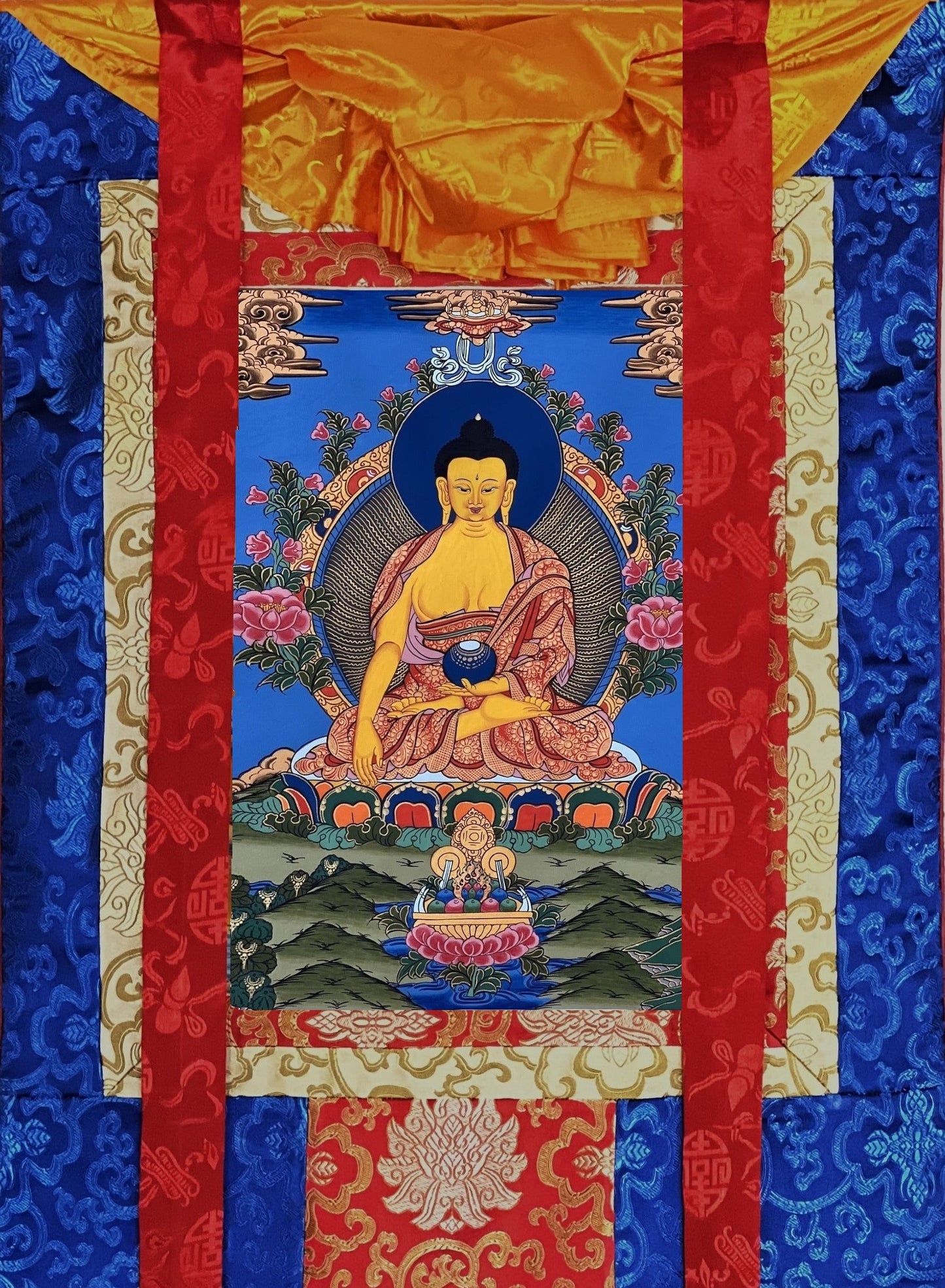 Original Hand-painted  Shakyamuni/ Gautama Buddha/ Master-Quality Tibetan Thangka Painting Framed with Traditional Silk