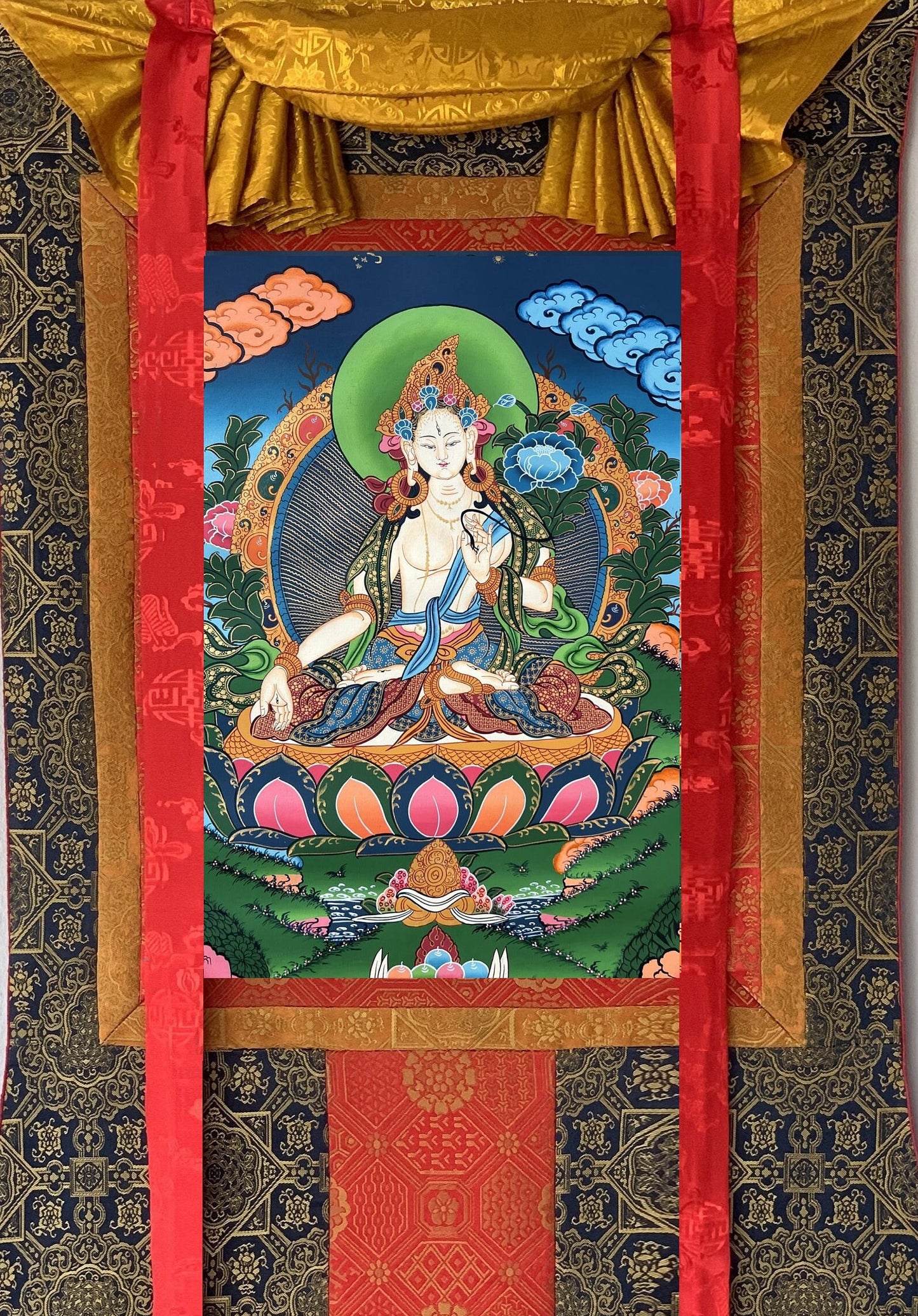 Hand painted Original White Tara / Mother Goddess Tibetan Thanka  / Thangka Painting Compassion Meditation Art with Premium Silk Brocade