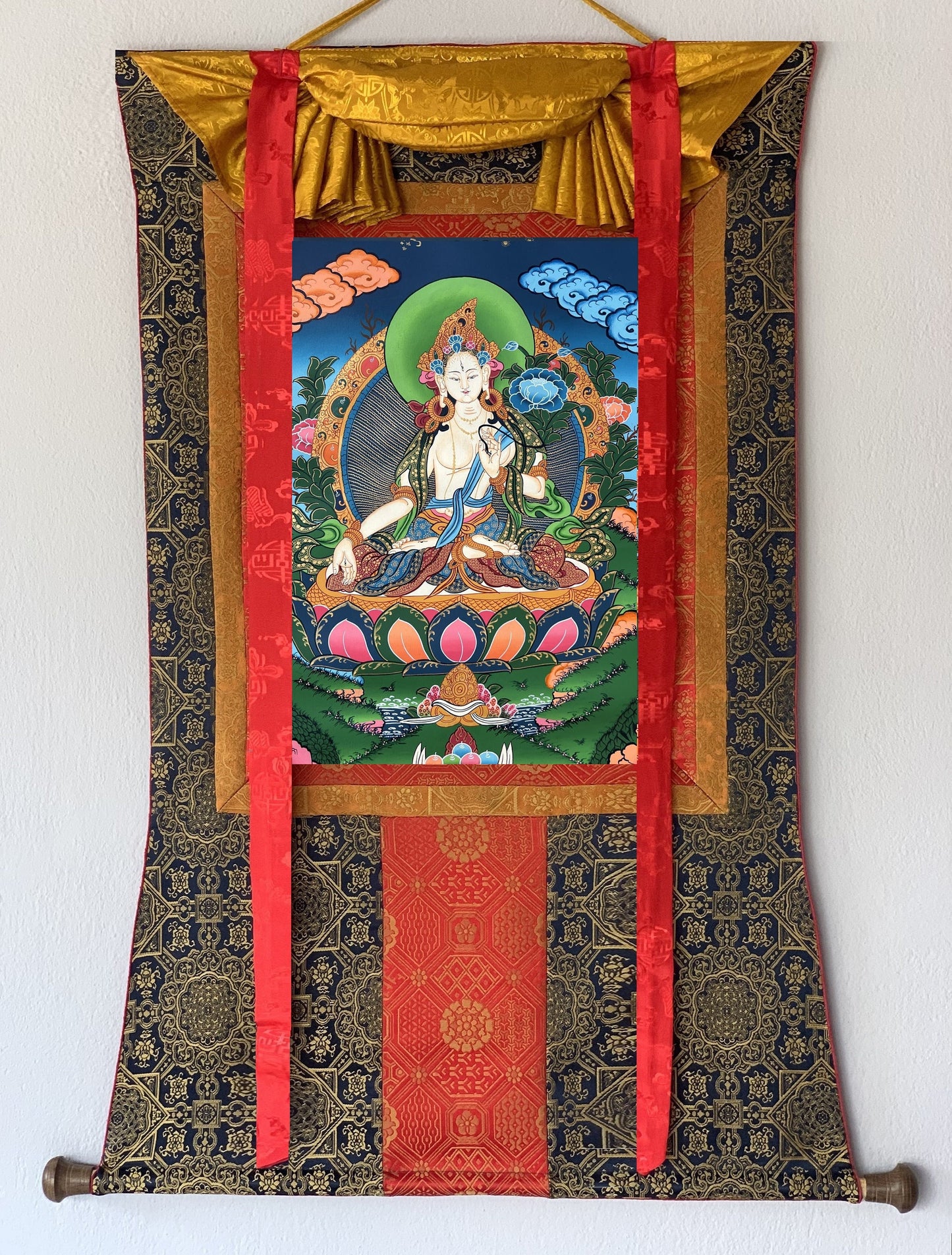 Hand painted Original White Tara / Mother Goddess Tibetan Thanka  / Thangka Painting Compassion Meditation Art with Premium Silk Brocade