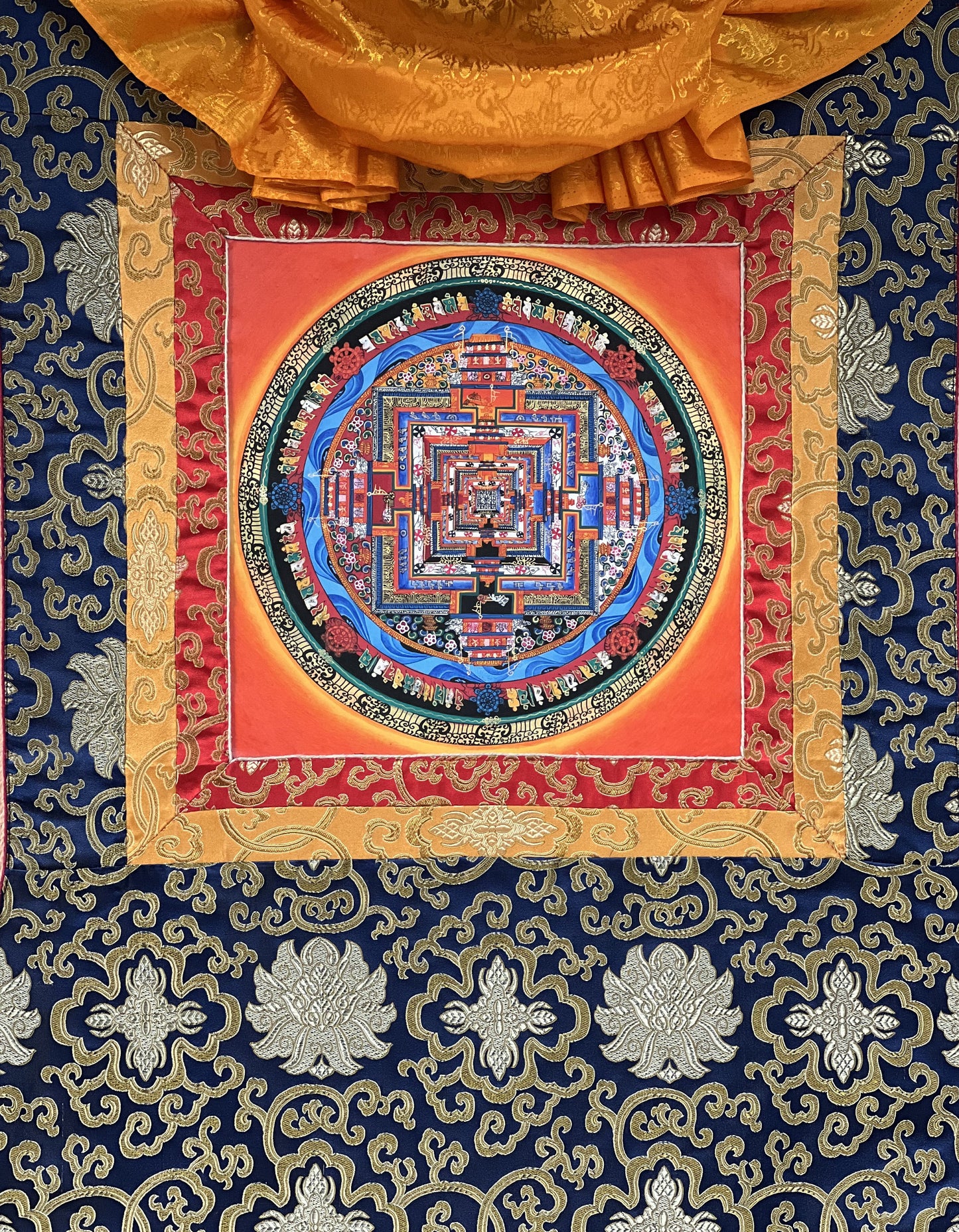 Hand-painted Kalachakra Mandala, Wheel of Life, Tibetan Thangka Painting with Silk Brocade