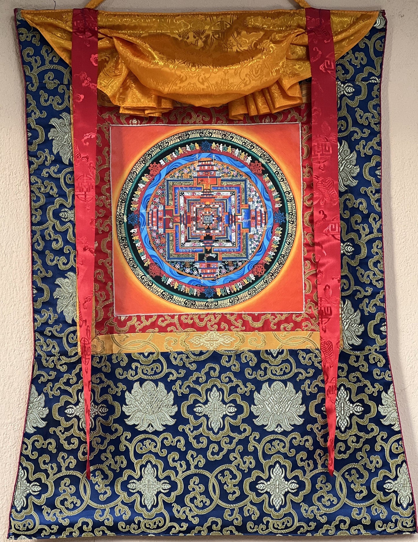 Hand-painted Kalachakra Mandala, Wheel of Life, Tibetan Thangka Painting with Silk Brocade