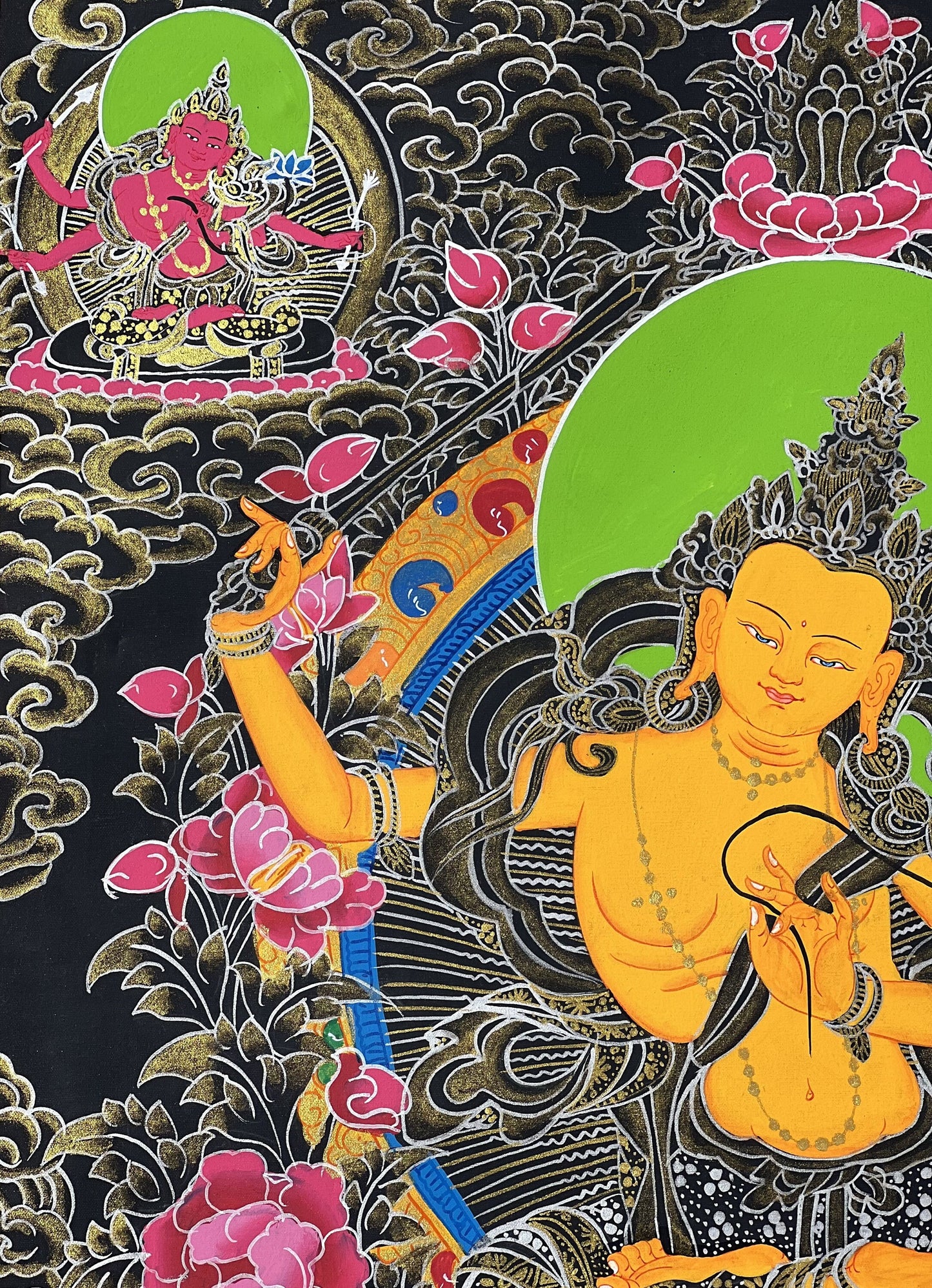 Original Hand-painted Manjushri/ Manjushree Bodhisattva Compassion Meditation Tibetan Thangka Painting with High Quality Silk Brocade