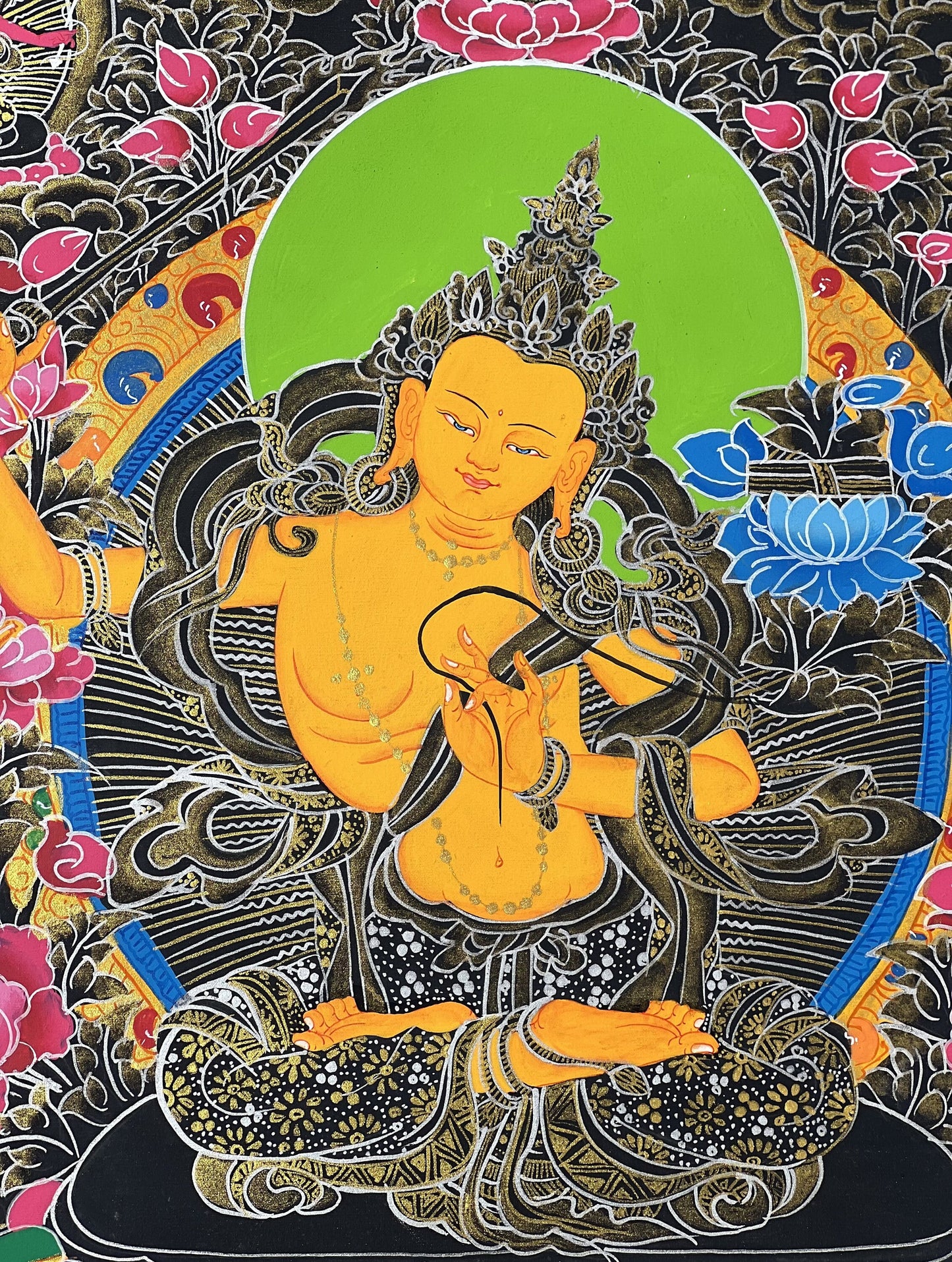 Original Hand-painted Manjushri/ Manjushree Bodhisattva Compassion Meditation Tibetan Thangka Painting with High Quality Silk Brocade