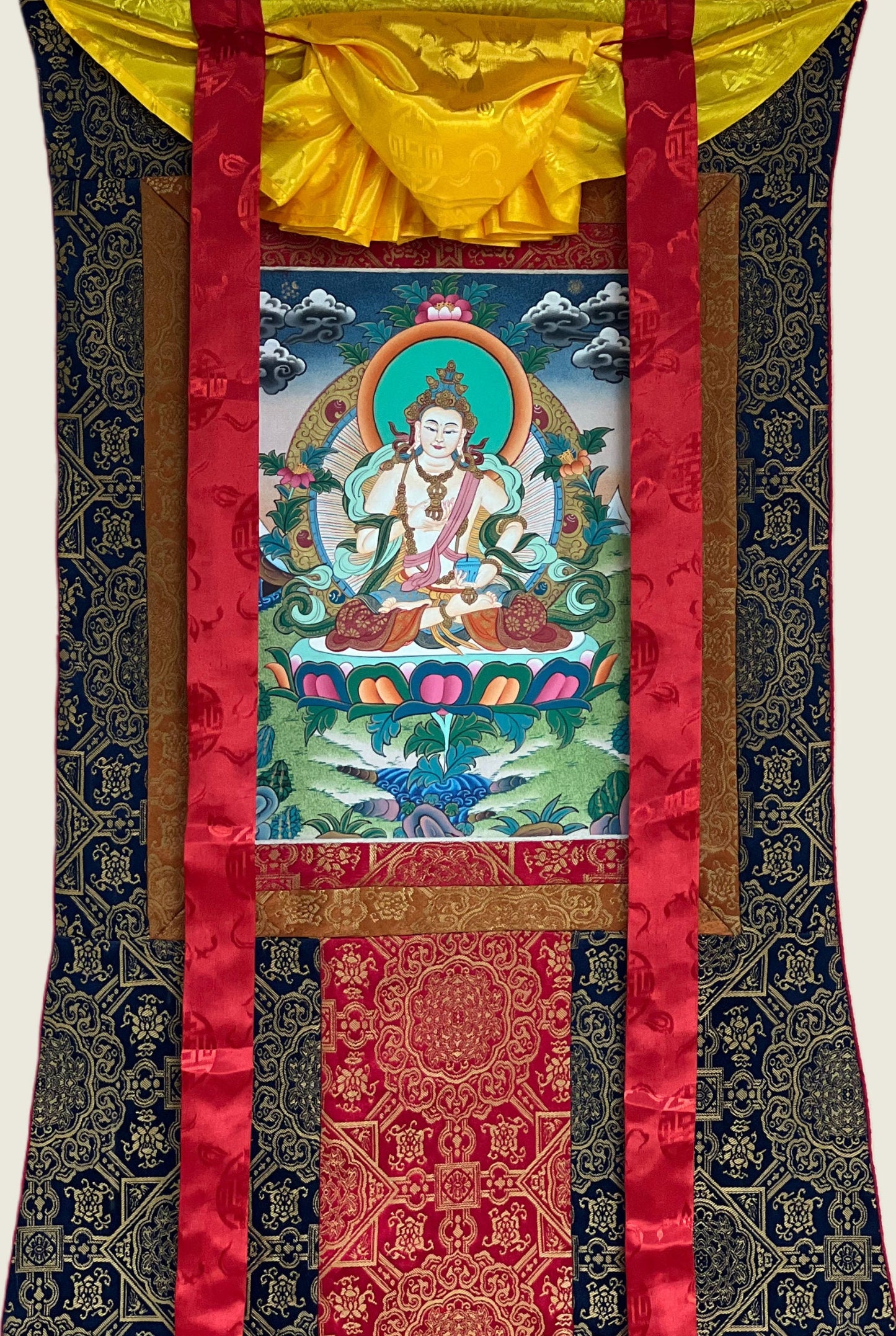 Original Hand-painted Vajrasattva/ Dorje Sempa/ Dhyani Buddha Master Quality Tibetan Thangka Painting Meditation Art with Premium Silk Frame