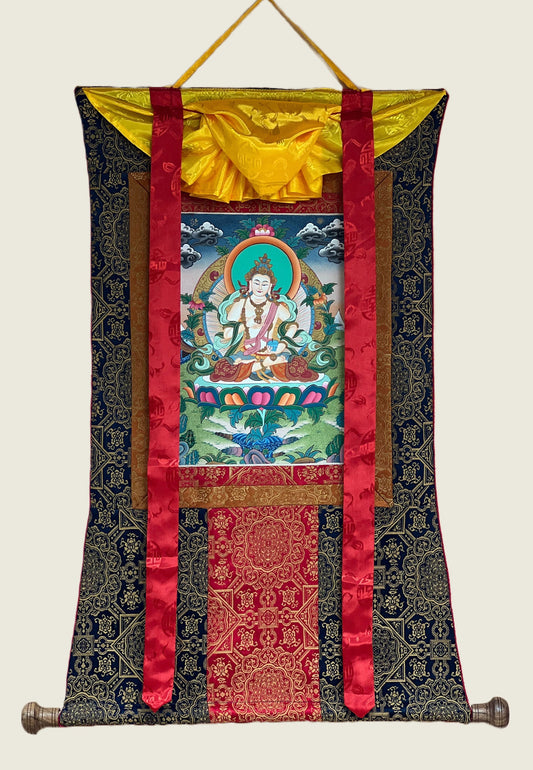 Original Hand-painted Vajrasattva/ Dorje Sempa/ Dhyani Buddha Master Quality Tibetan Thangka Painting Meditation Art with Premium Silk Frame