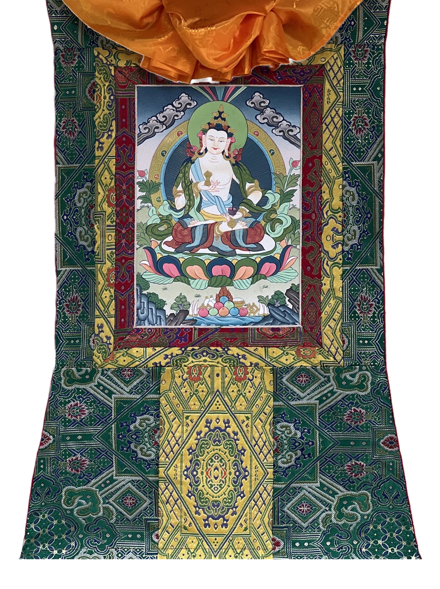 Original Hand-painted Vajrasattva/ Dorje Sempa/ Dhyani (Meditating) Buddha Master Quality Tibetan Thangka Painting with Premium Silk Brocade