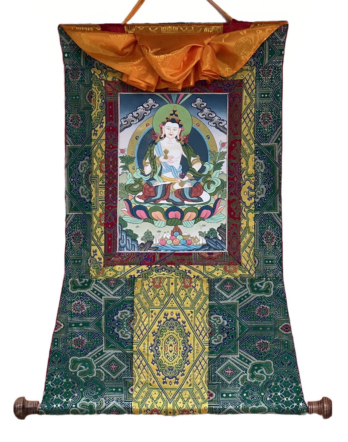 Original Hand-painted Vajrasattva/ Dorje Sempa/ Dhyani (Meditating) Buddha Master Quality Tibetan Thangka Painting with Premium Silk Brocade