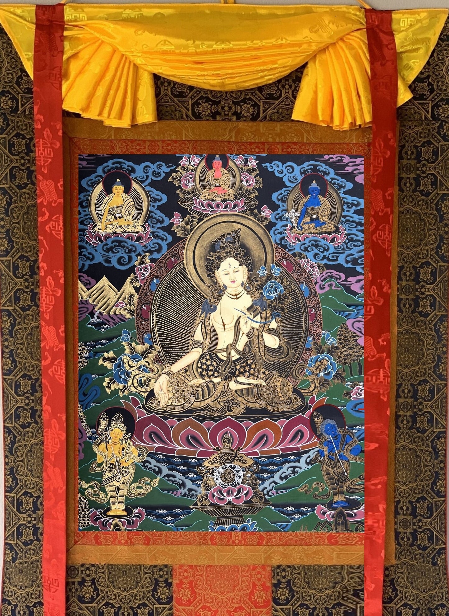 Hand-painted White Tara  Mother Goddess, Compassion, Meditation, Original Tibetan Thangka Painting, Bordered with High-Quality Silk