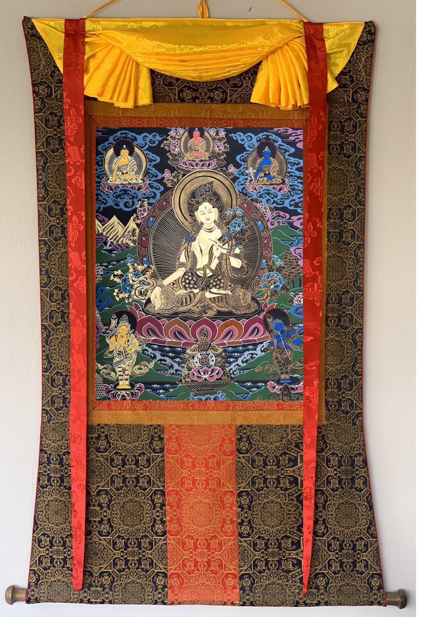 Hand-painted White Tara  Mother Goddess, Compassion, Meditation, Original Tibetan Thangka Painting, Bordered with High-Quality Silk