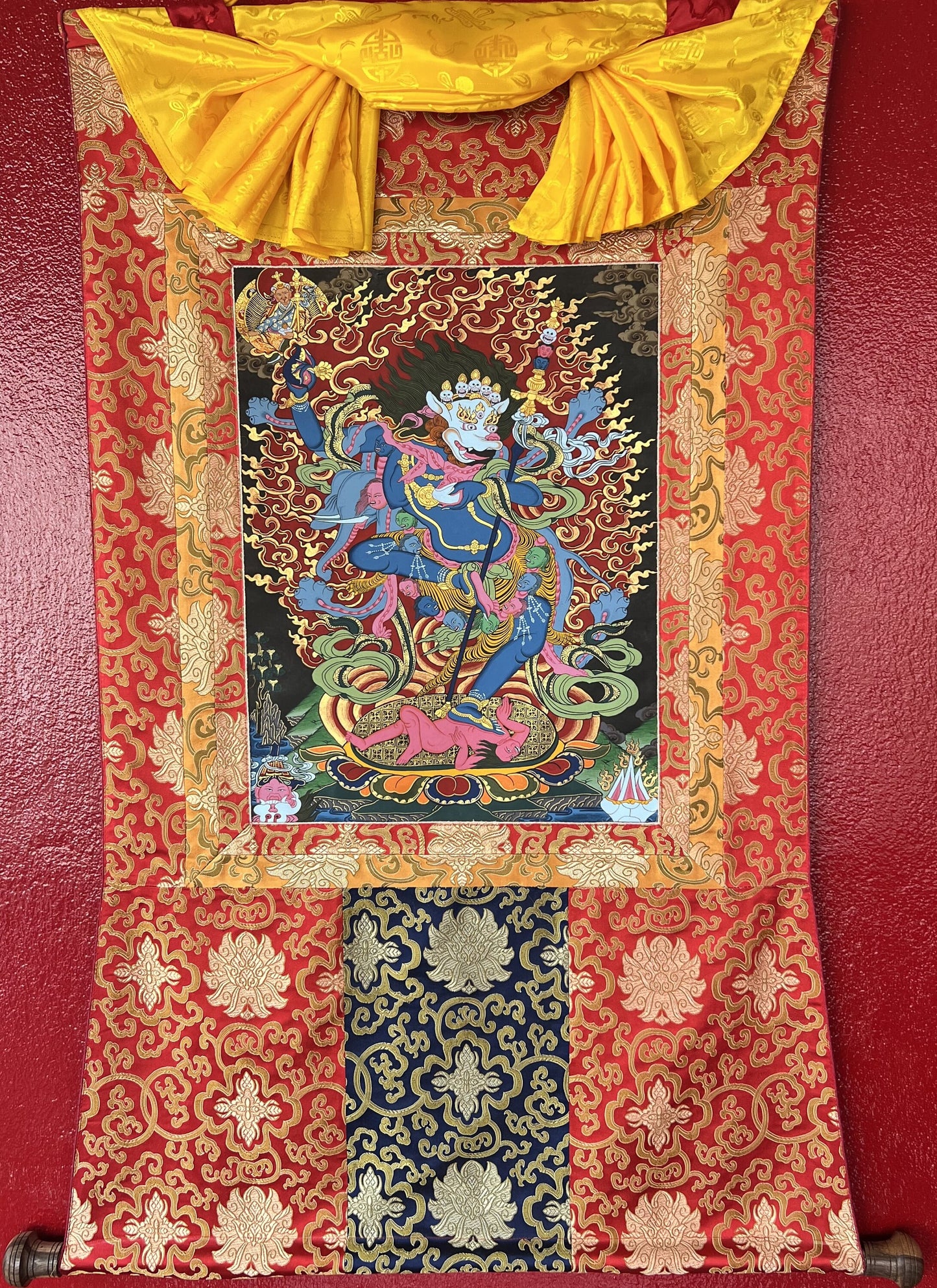 Original Hand-Painted Simhamukhi or Simhamukha Yogini/Lion-Faced Dakini/ Vajrayogini/ Tibetan Thangka Painting with Silk Brocade