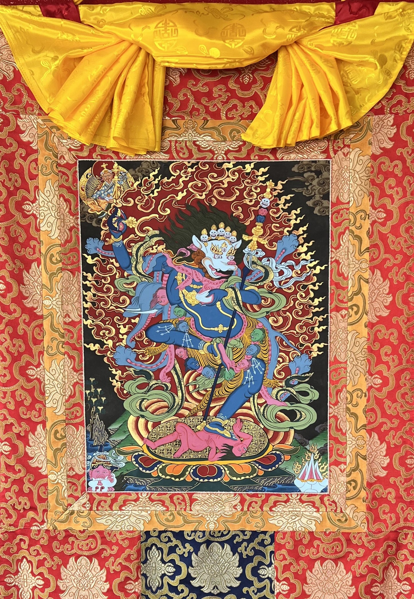 Original Hand-Painted Simhamukhi or Simhamukha Yogini/Lion-Faced Dakini/ Vajrayogini/ Tibetan Thangka Painting with Silk Brocade