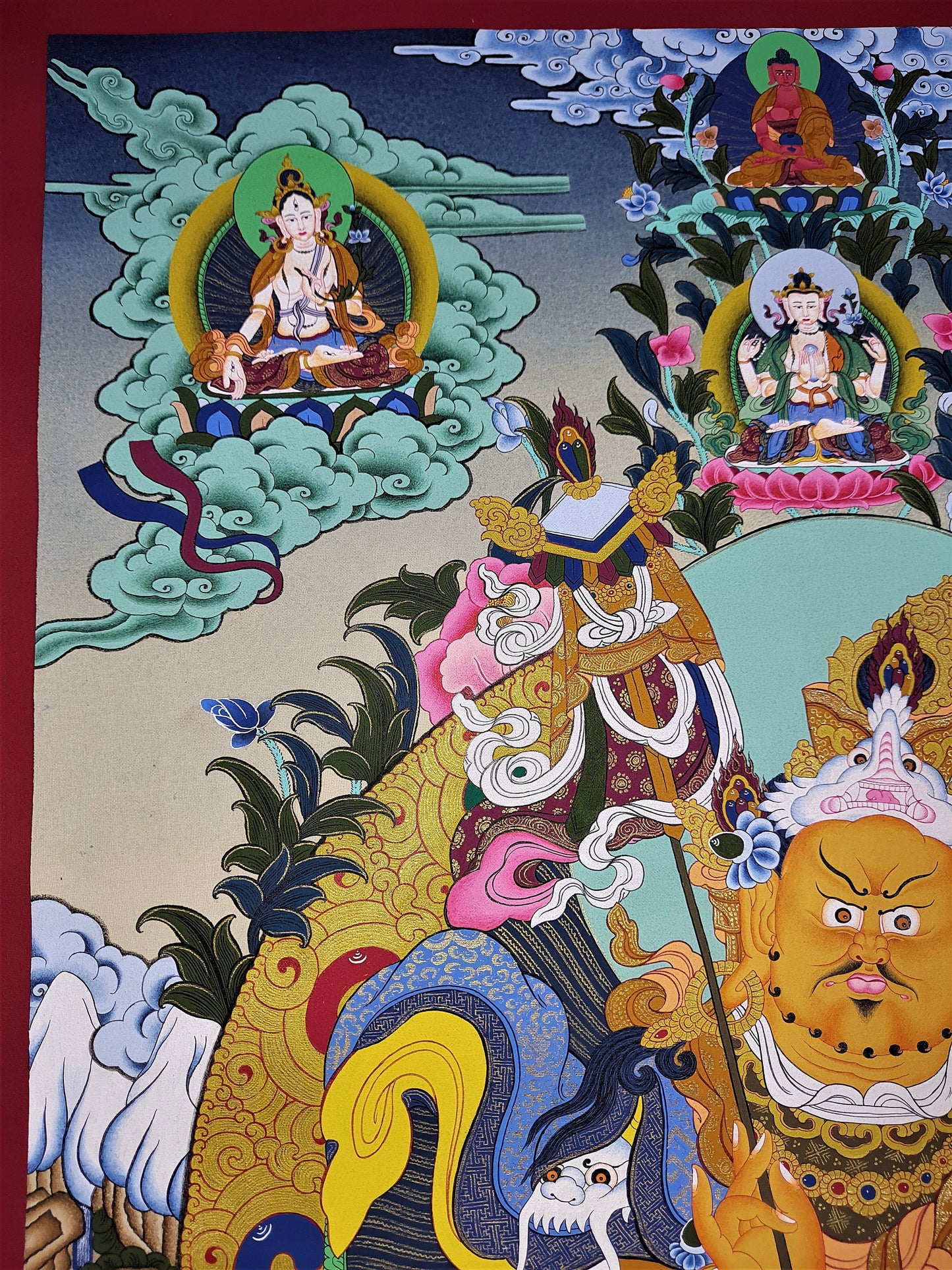 Original Hand Painted Yellow Jambhala/ Kubera/ Zambala God Of Wealth Compassion / Meditation Masterpiece Tibetan Thangka / Thanka  Painting