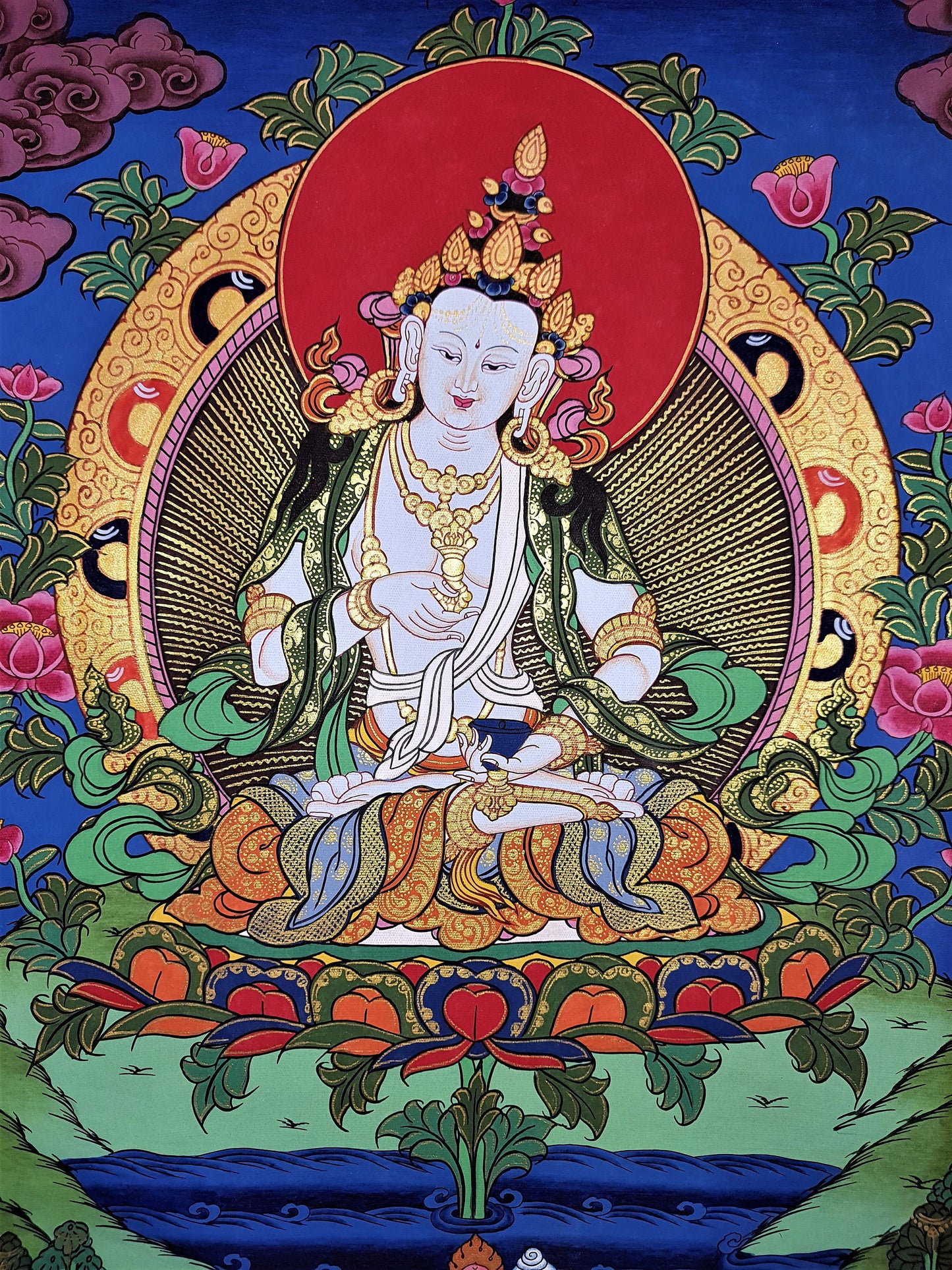 Original Hand-painted Vajrasattva/ Dorje Sempa/ Dhyani Buddha Master Quality Tibetan Thangka Painting with High-Quality Silk Brocade