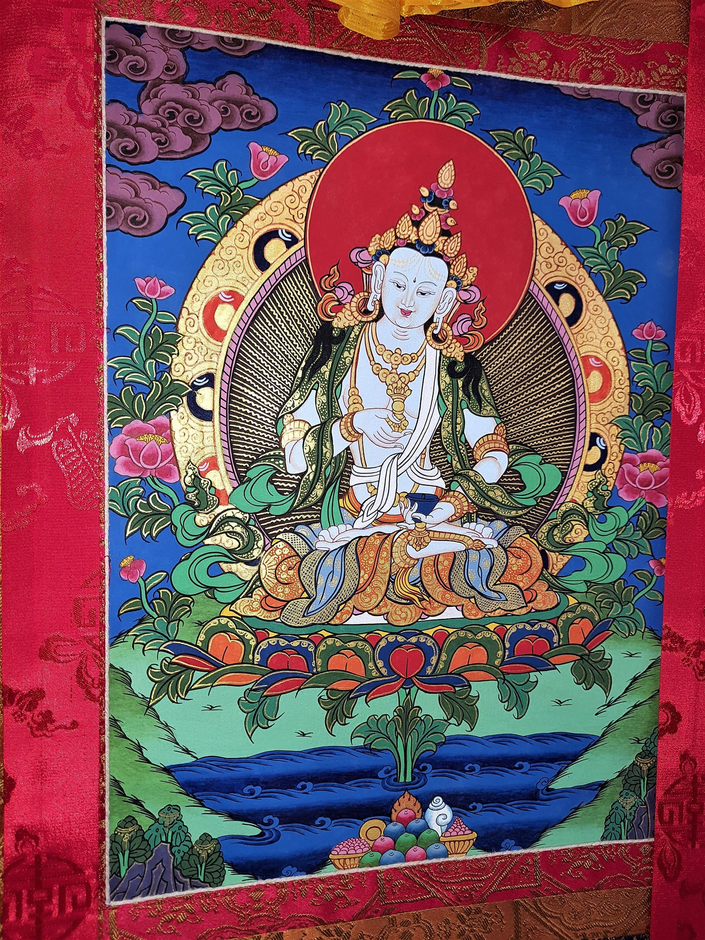 Original Hand-painted Vajrasattva/ Dorje Sempa/ Dhyani Buddha Master Quality Tibetan Thangka Painting with High-Quality Silk Brocade