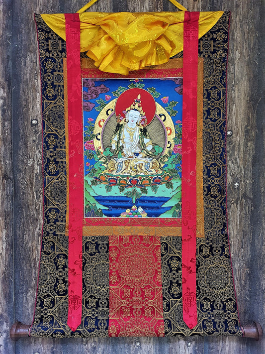 Original Hand-painted Vajrasattva/ Dorje Sempa/ Dhyani Buddha Master Quality Tibetan Thangka Painting with High-Quality Silk Brocade