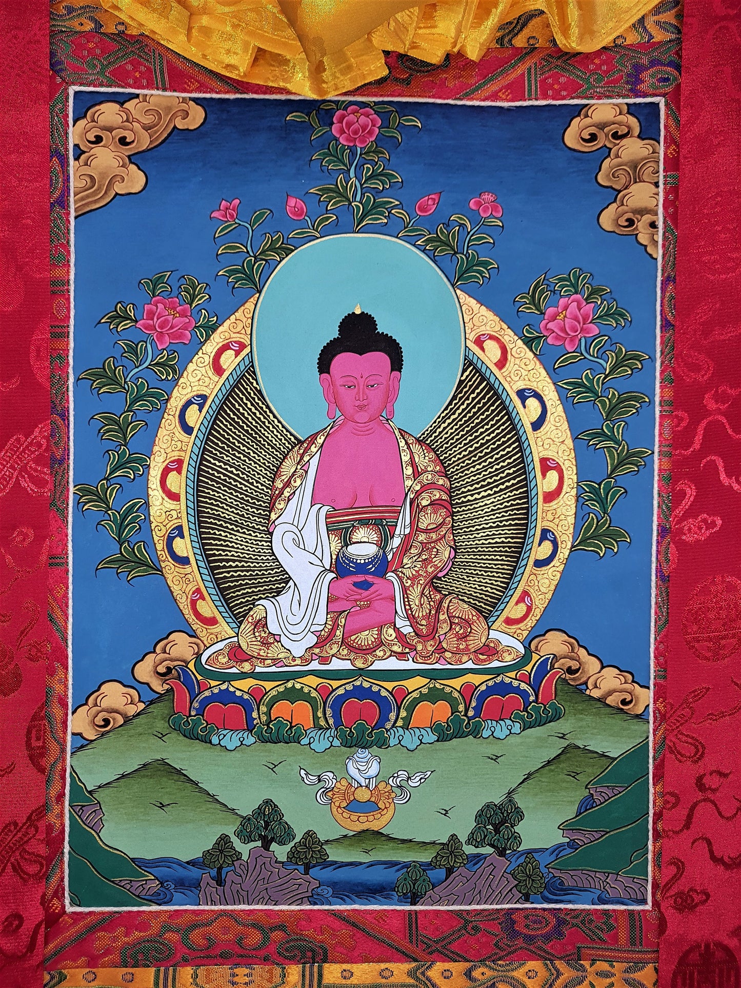 Original Hand Painted Amitabha Buddha Masterpiece Tibetan Compassion / Meditation Thangka / Thanka  Painting With High-Quality Silk Framed