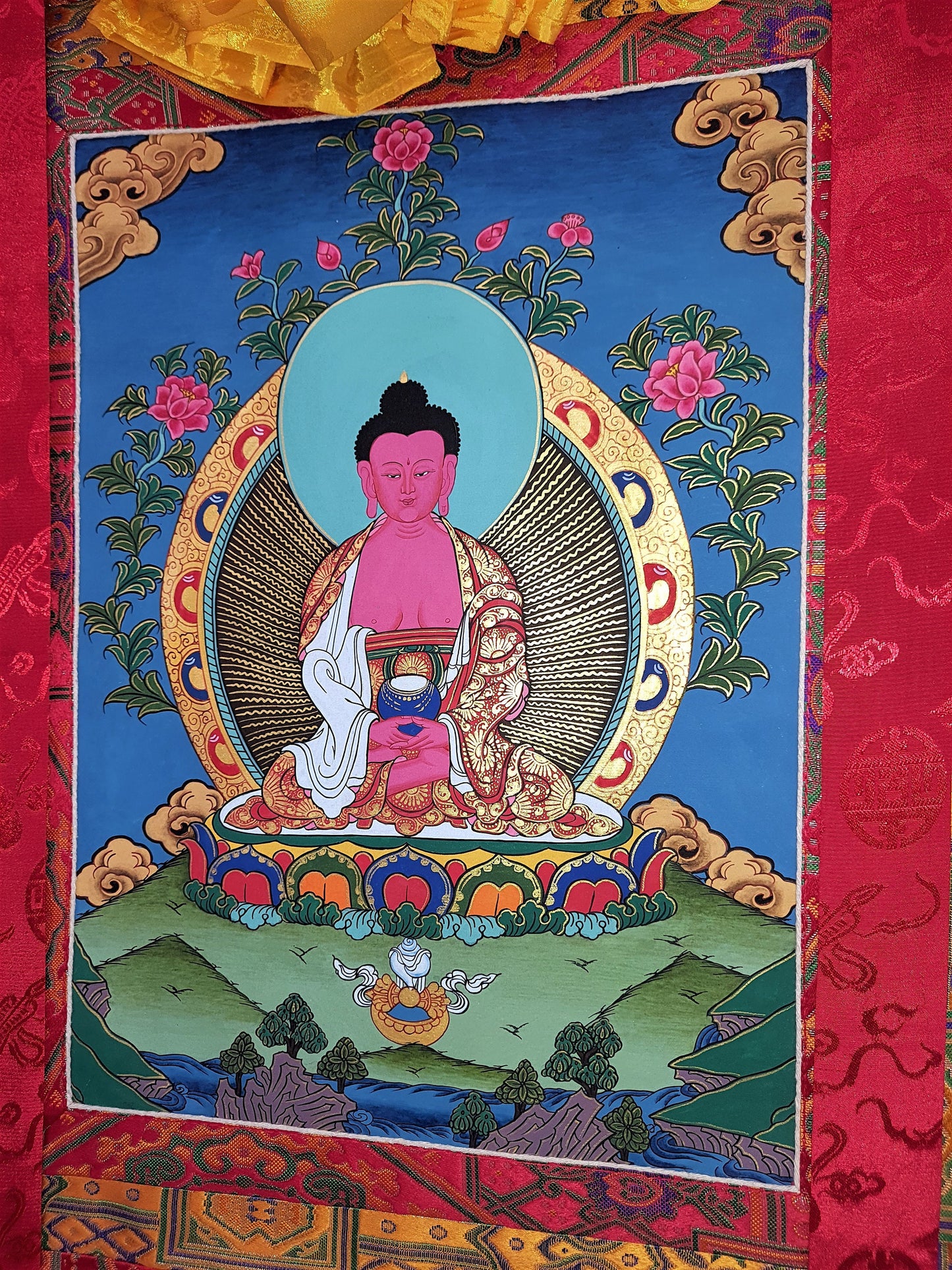 Original Hand Painted Amitabha Buddha Masterpiece Tibetan Compassion / Meditation Thangka / Thanka  Painting With High-Quality Silk Framed