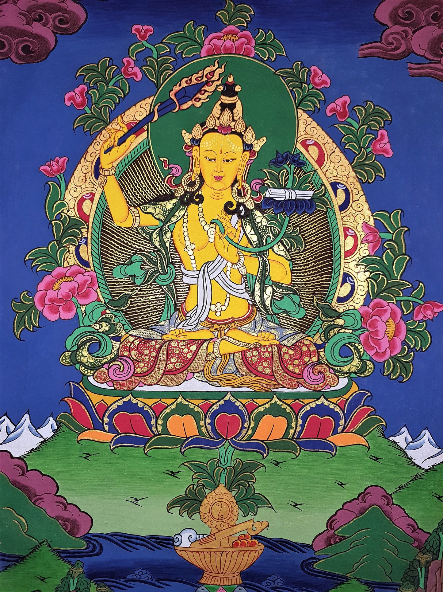 Original Manjushri / Manjusri/Manjushree God Of Wisdom / Hand-Painted Compassion / Meditation / Tibetan Thangka / Thanka Painting From Nepal