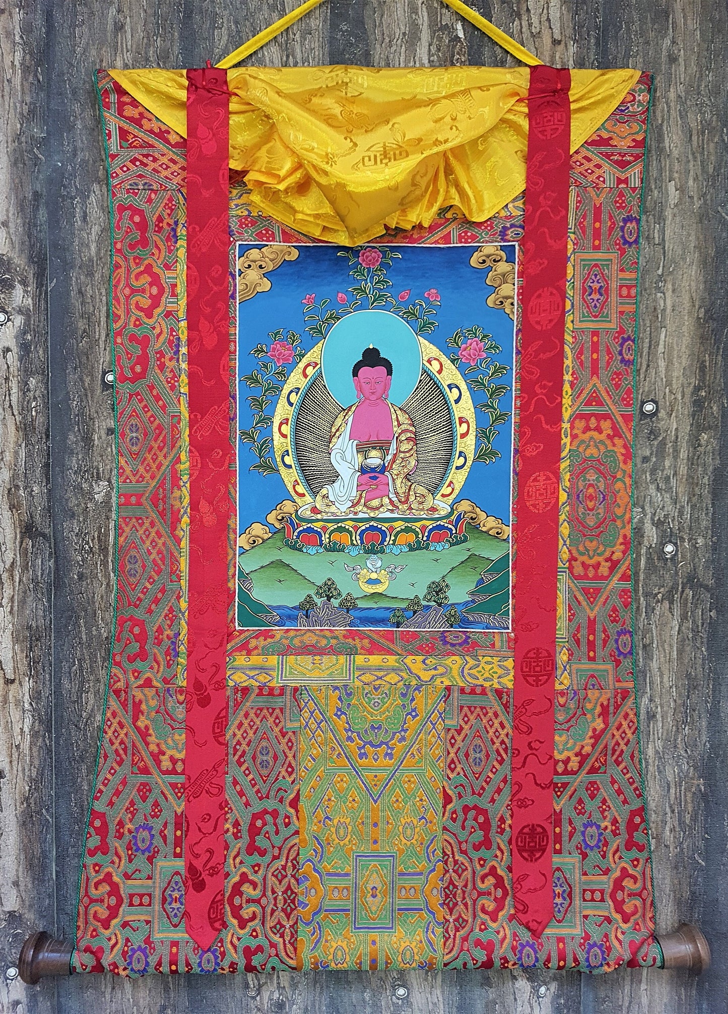 Original Hand Painted Amitabha Buddha Masterpiece Tibetan Compassion / Meditation Thangka / Thanka  Painting With High-Quality Silk Framed