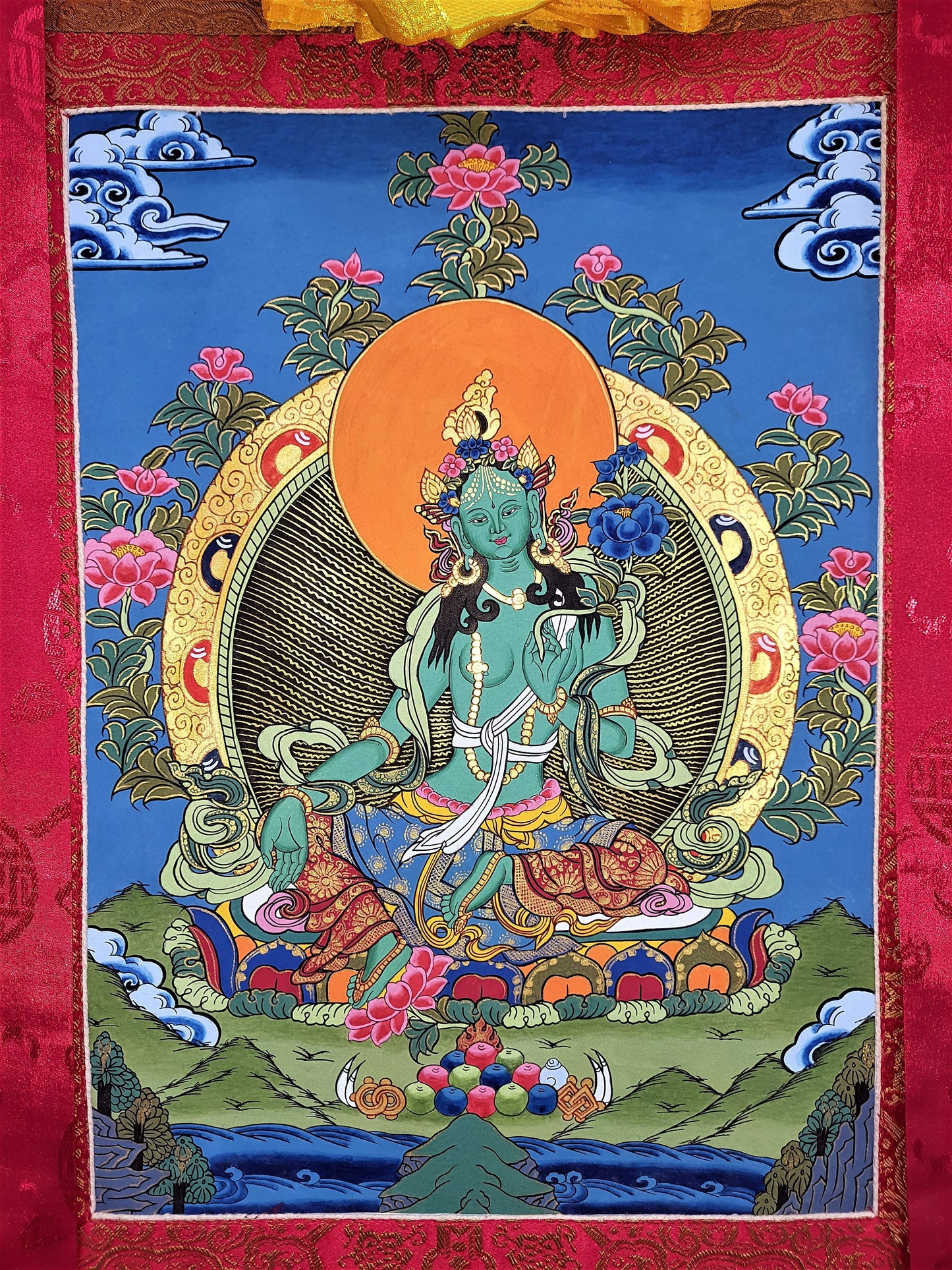 Original Hand-painted, Green Tara, Shyamatara Tibetan Thangka Painting with High-Quality Silk Brocade