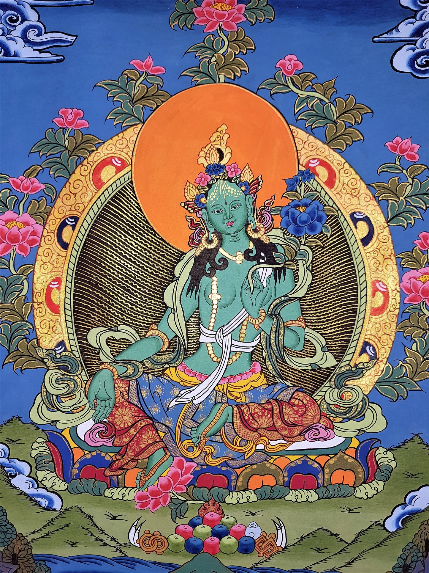 Original Hand-painted, Green Tara, Shyamatara Tibetan Thangka Painting with High-Quality Silk Brocade