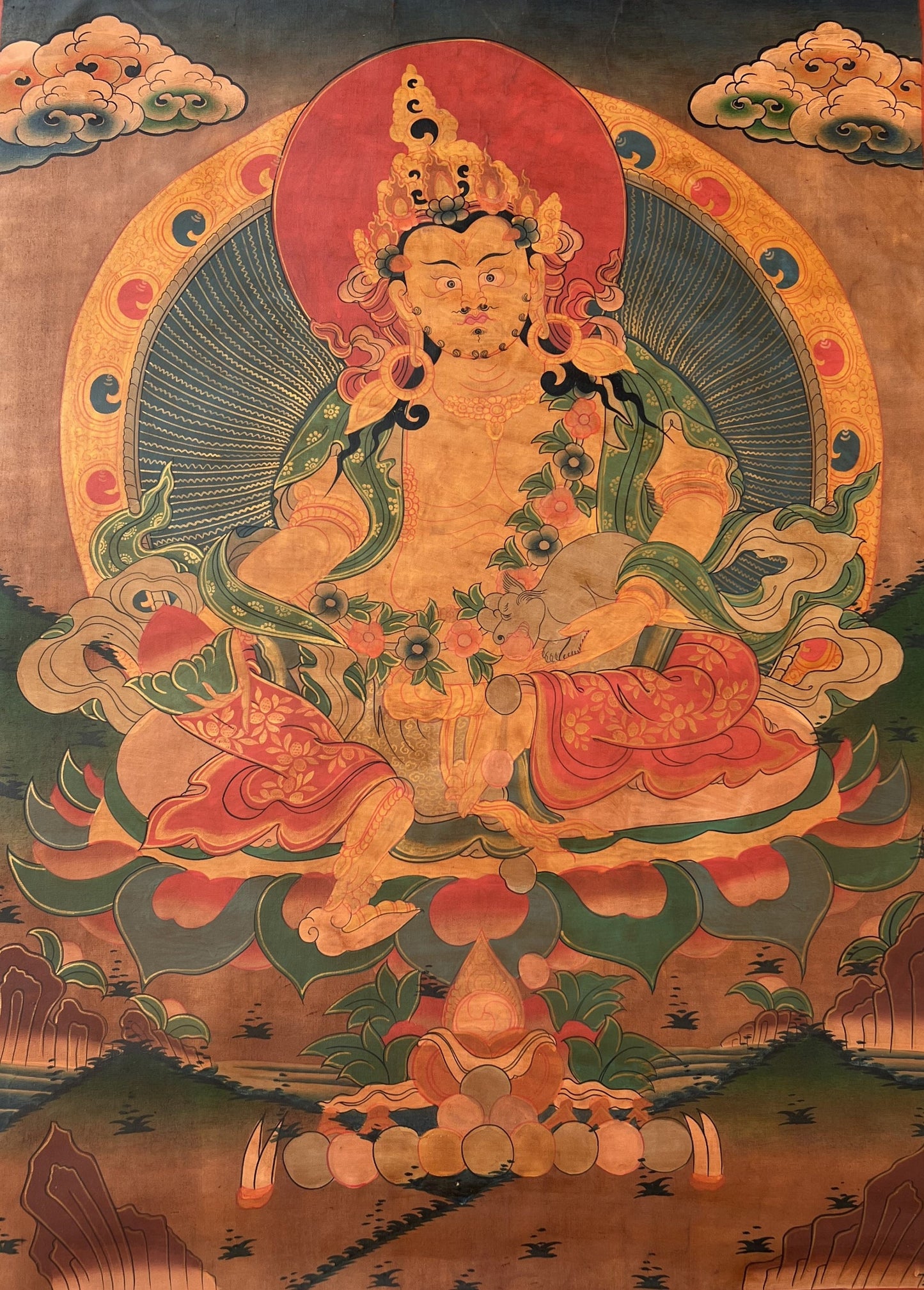 Original Hand Painted Kubera or Jambhala God Of Wealth  Old, Oil Varnished Tibetan Thangka / Thanka  Painting/Wall Hanging  From Nepal