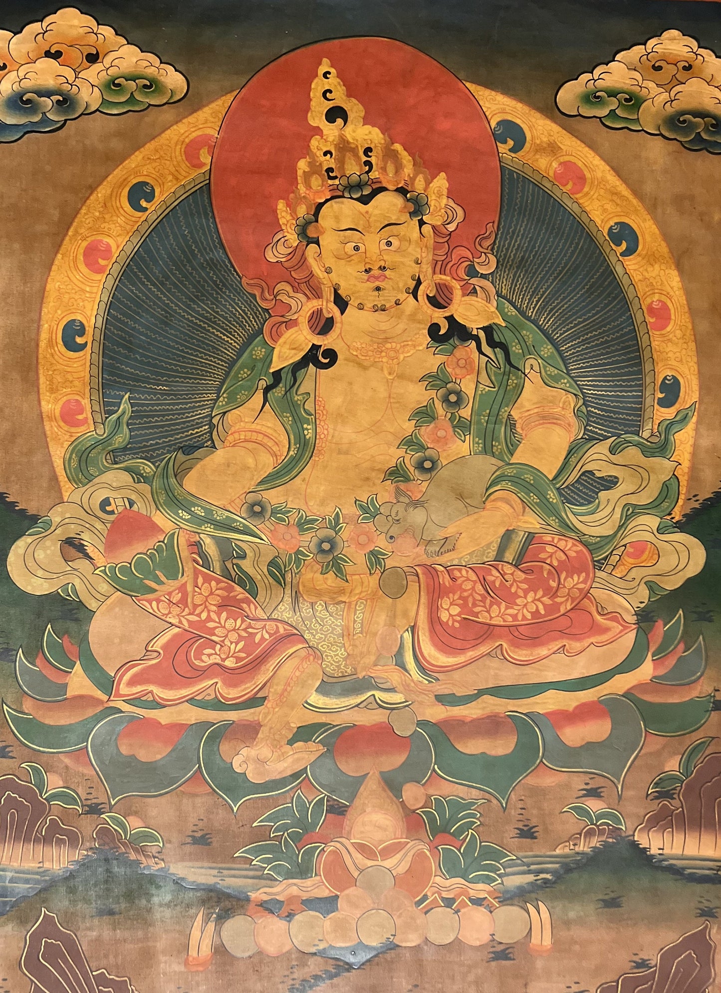 Original Hand Painted Kubera or Jambhala God Of Wealth  Old, Oil Varnished Tibetan Thangka / Thanka  Painting/Wall Hanging  From Nepal