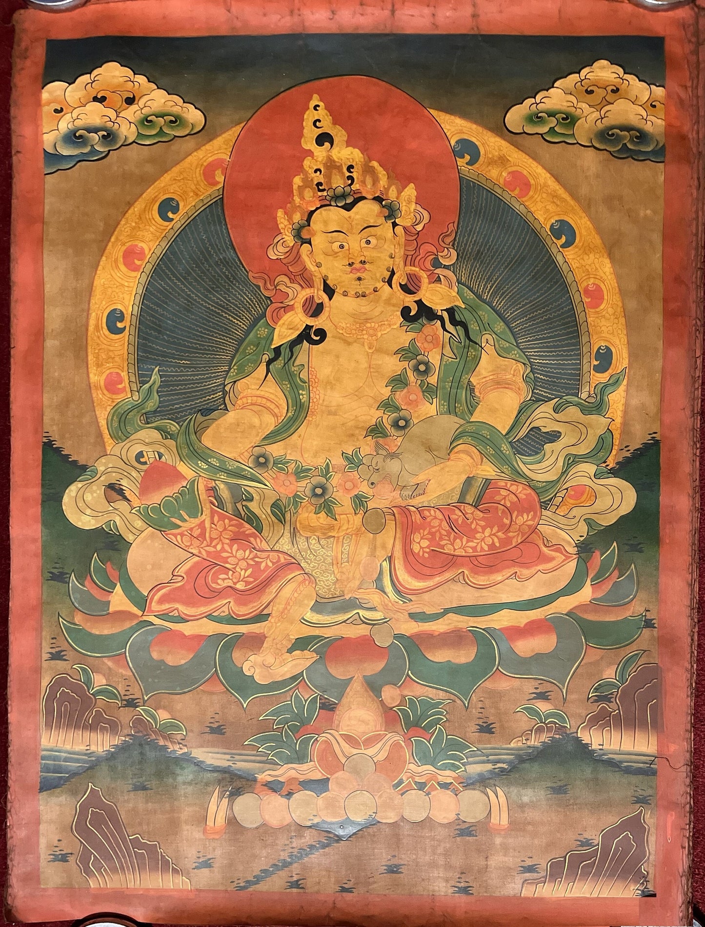 Original Hand Painted Kubera or Jambhala God Of Wealth  Old, Oil Varnished Tibetan Thangka / Thanka  Painting/Wall Hanging  From Nepal