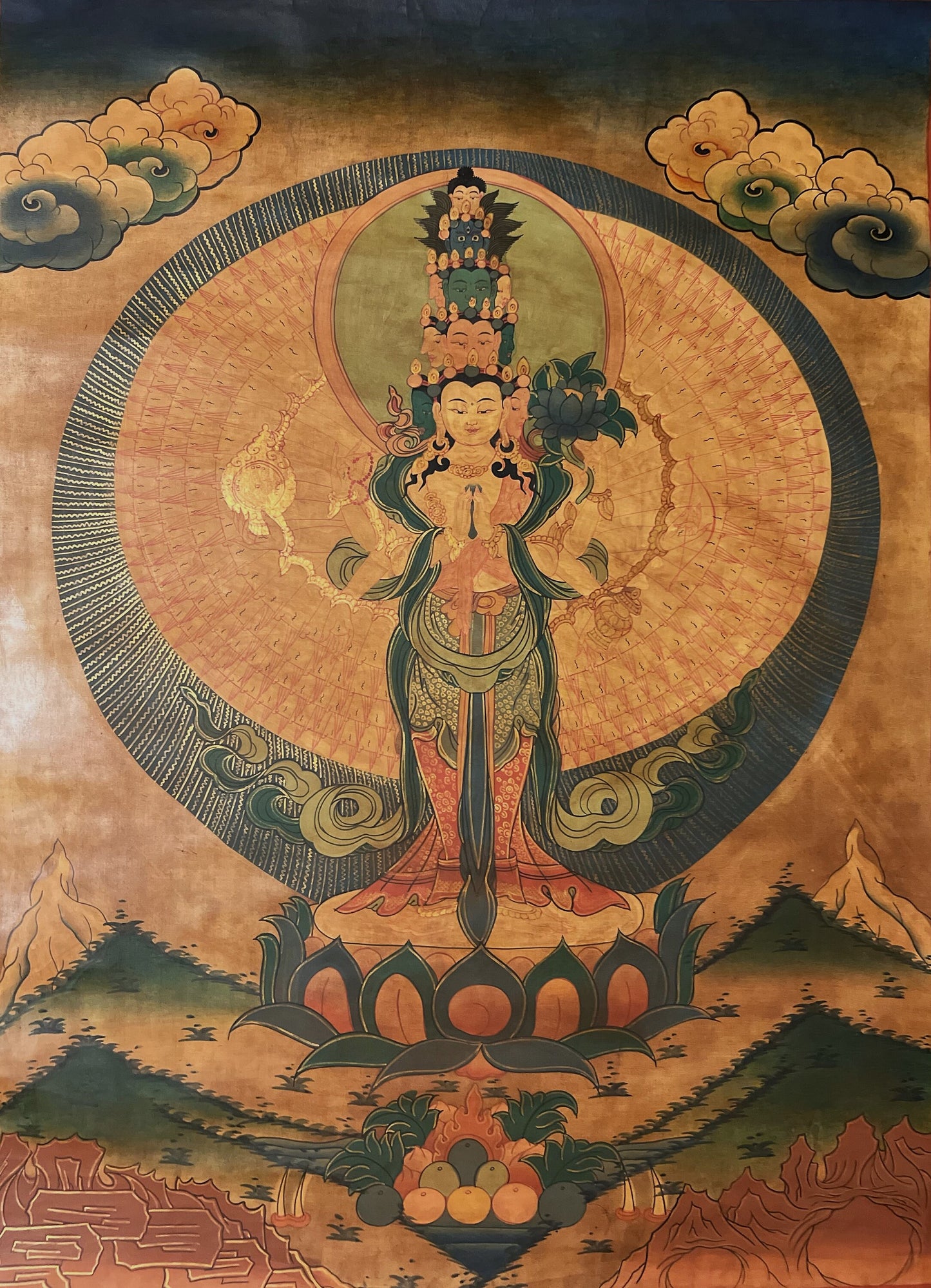 Original Hand Painted  1000 Armed Avalokiteshvara / Lokeshwor/  Tibetan Compassion / Meditation OLD OIL-VARNISHED Thangka / Thanka  Painting