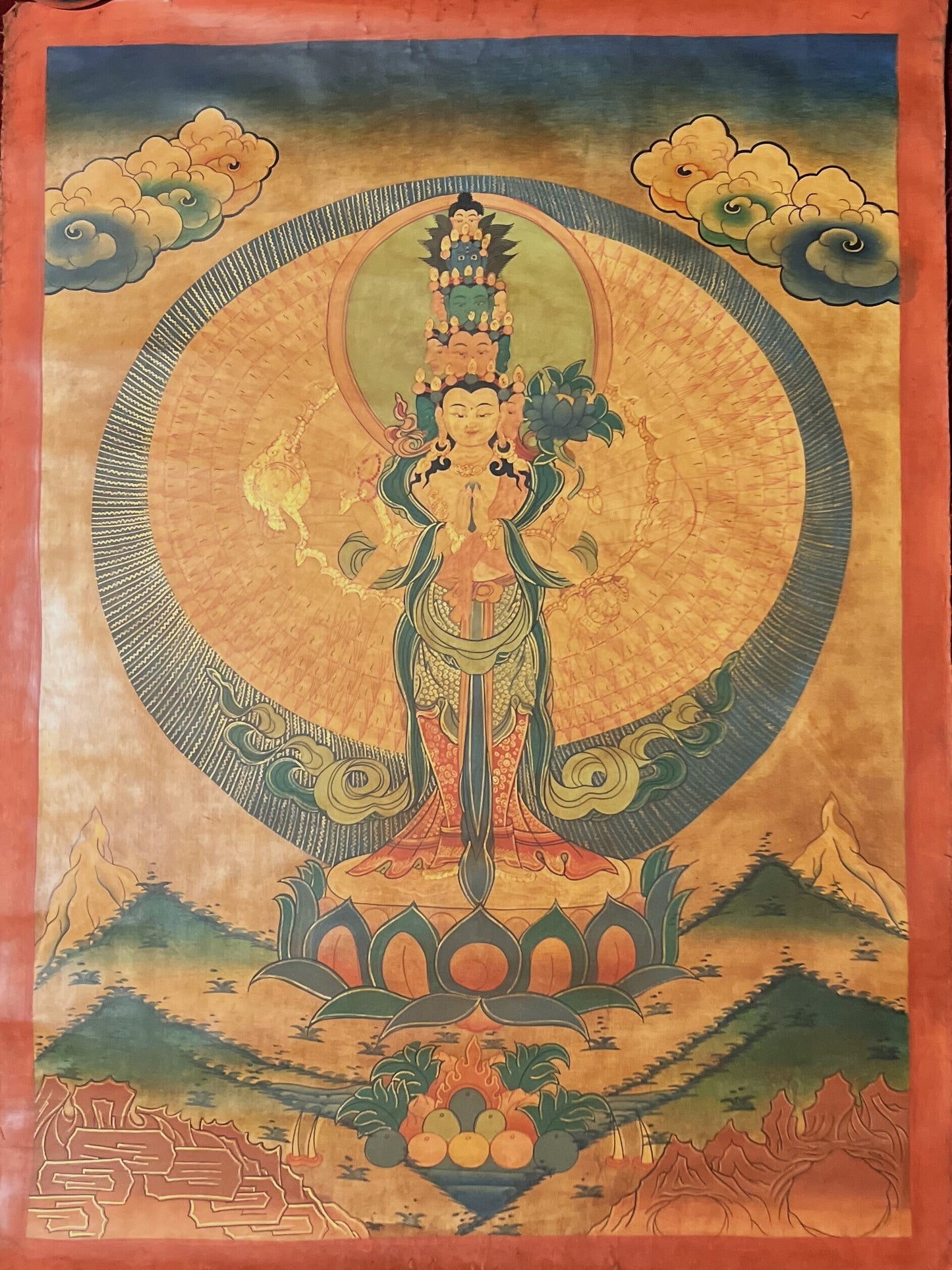 Original Hand Painted  1000 Armed Avalokiteshvara / Lokeshwor/  Tibetan Compassion / Meditation OLD OIL-VARNISHED Thangka / Thanka  Painting