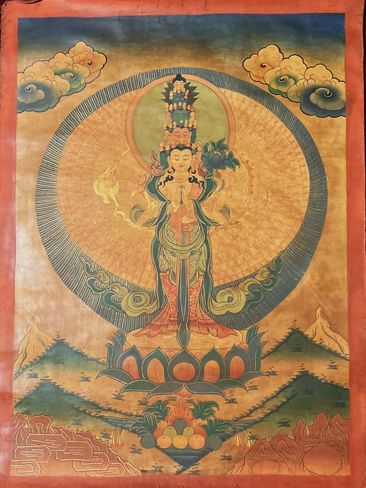 Original Hand Painted  1000 Armed Avalokiteshvara / Lokeshwor/  Tibetan Compassion / Meditation OLD OIL-VARNISHED Thangka / Thanka  Painting