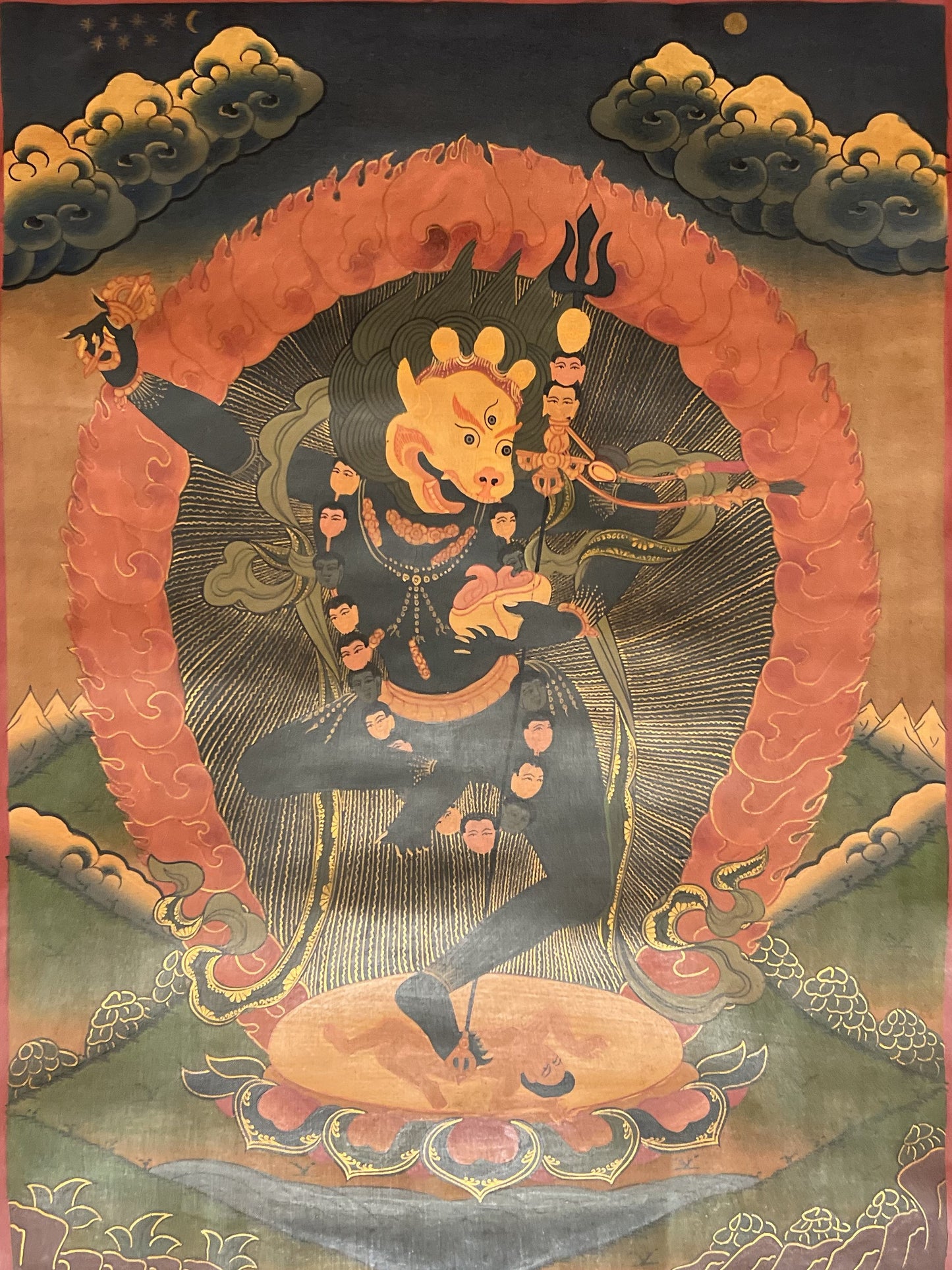 Original Hand Painted Lion Face Dakini /Simhamukhi Jogini /Tibetan Compassion Meditation OLD OIL VARNISHED Thangka Painting with Silk Border