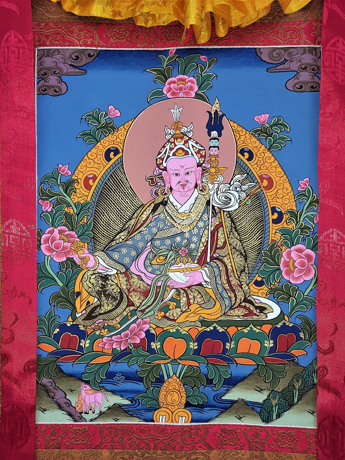 Original Hand Painted  Guru Rinpoche Padmasambhava Masterpiece Gold Tibetan Thangka / Thanka  Painting With High-Quality Silk Framed