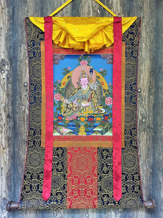 Original Hand Painted  Guru Rinpoche Padmasambhava Masterpiece Gold Tibetan Thangka / Thanka  Painting With High-Quality Silk Framed